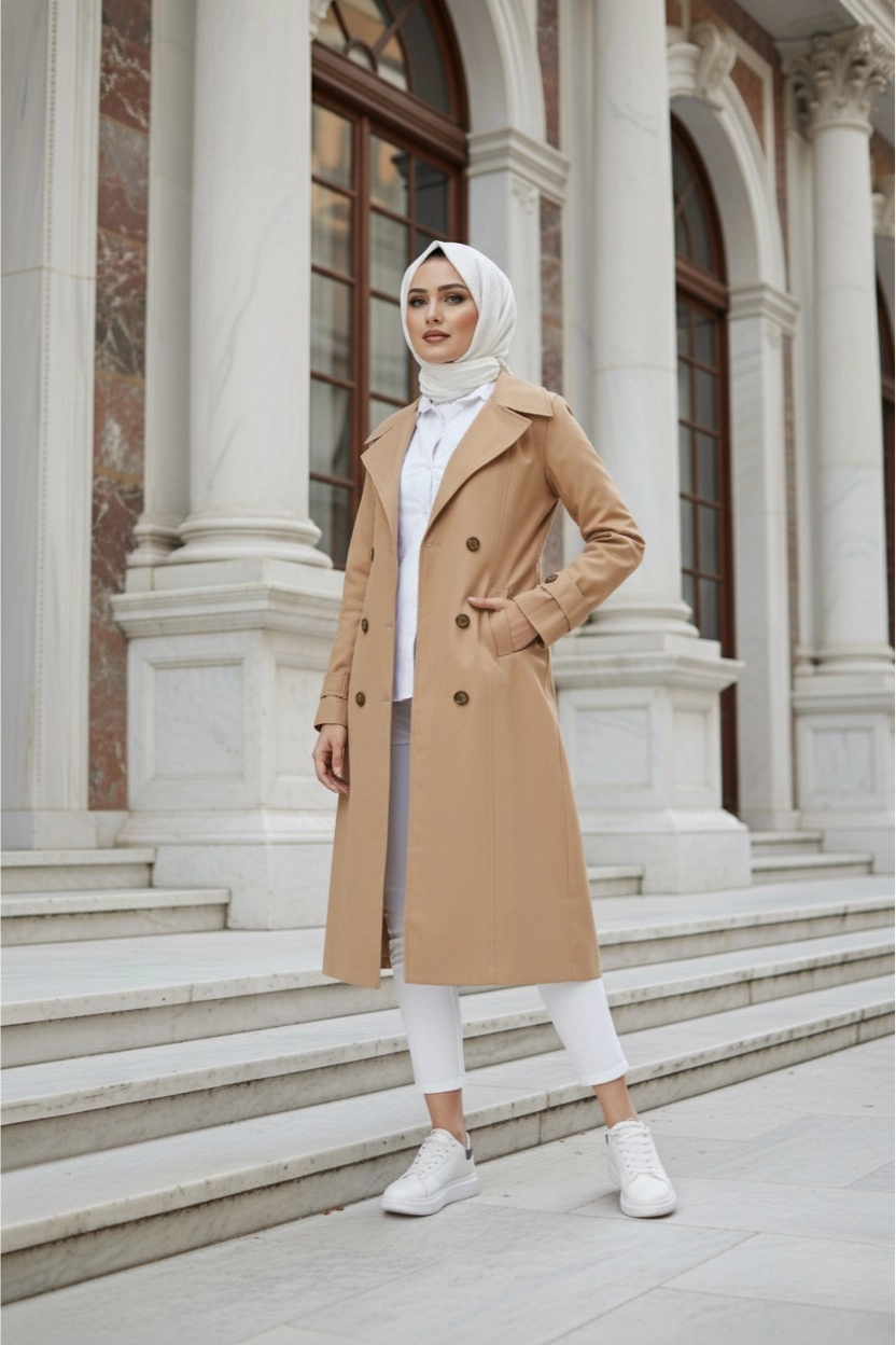 %100 Pamuk Ekstra Uzun (120cm) Tam Kalıp Kadın Tesettür Trençkot