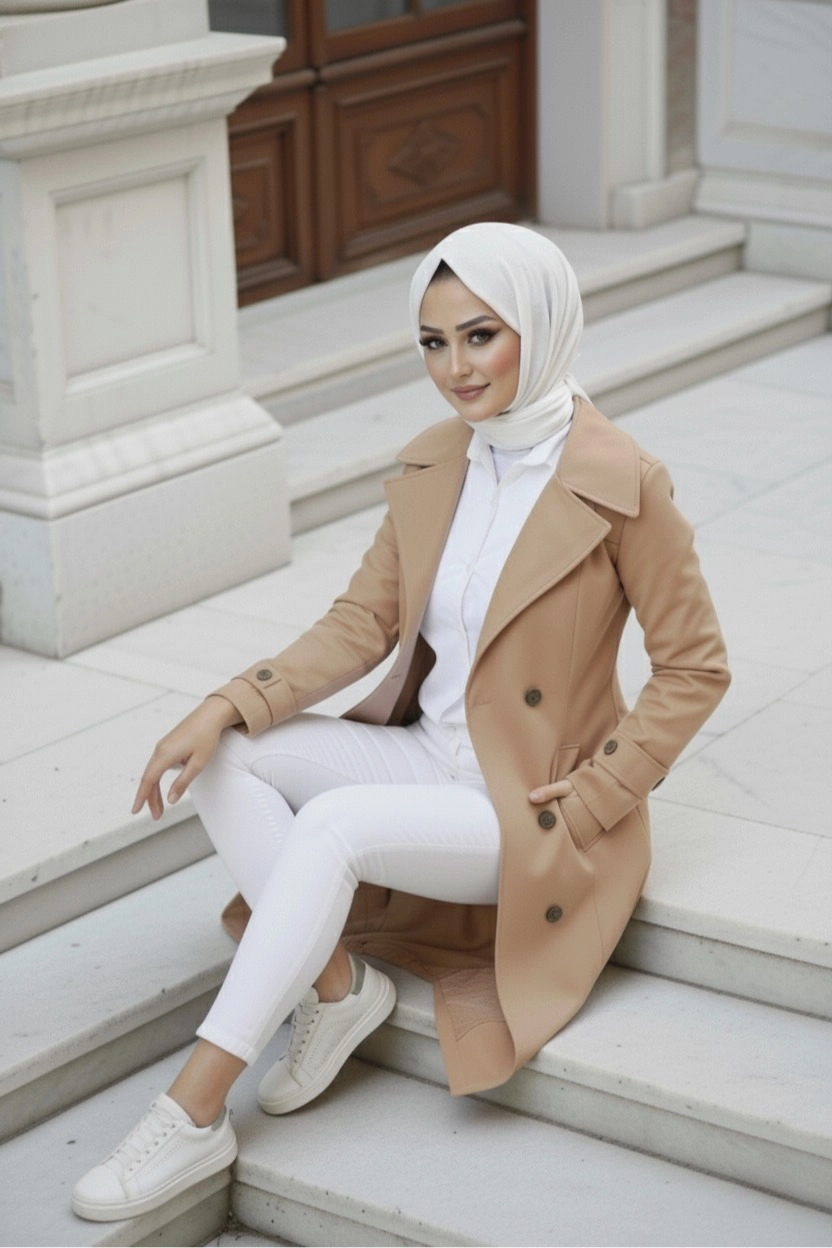 %100 Pamuk Ekstra Uzun (120cm) Tam Kalıp Kadın Tesettür Trençkot