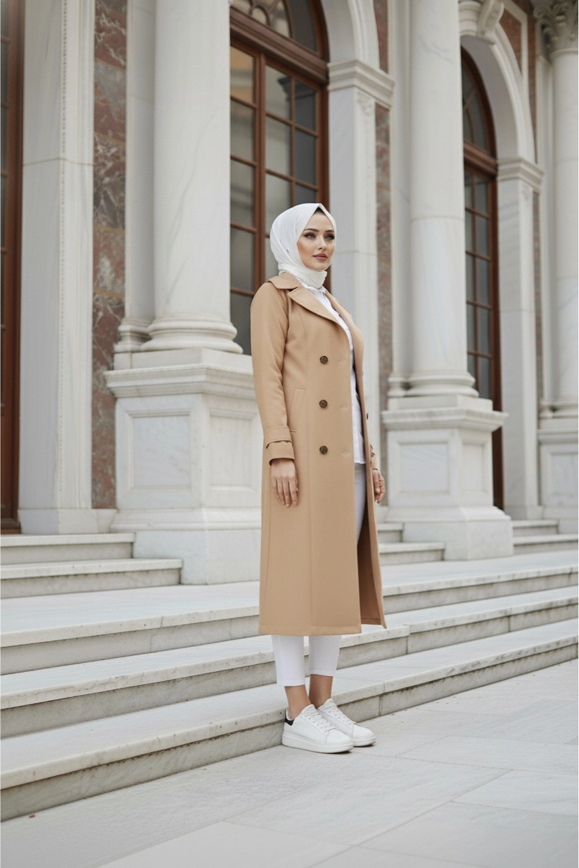 %100 Pamuk Ekstra Uzun (120cm) Tam Kalıp Kadın Tesettür Trençkot