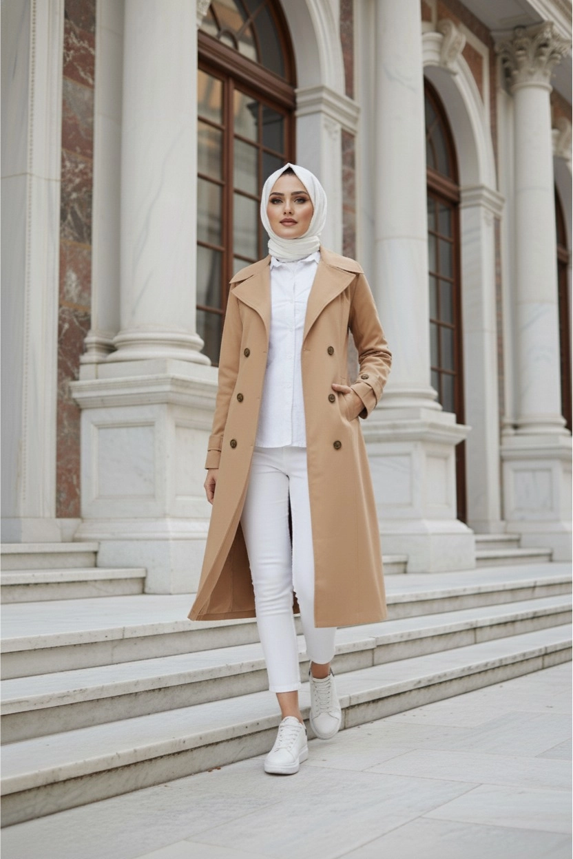 %100 Pamuk Ekstra Uzun (120cm) Tam Kalıp Kadın Tesettür Trençkot