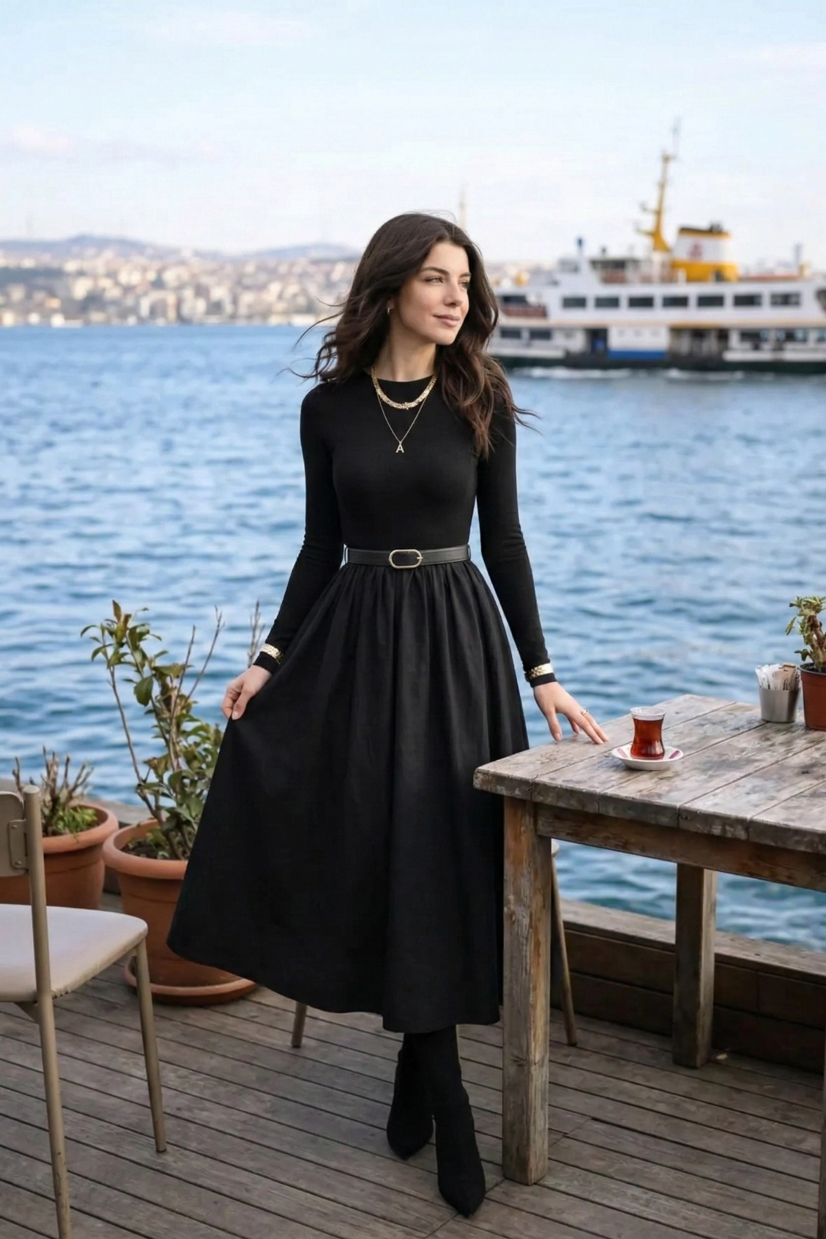 Kemerli Bisiklet Yaka Uzun Elbise