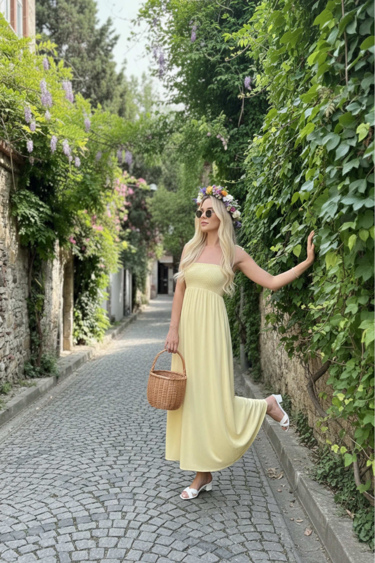 Sarı Uzun Pamuklu Astarsız Yaz Elbisesi – Askılı