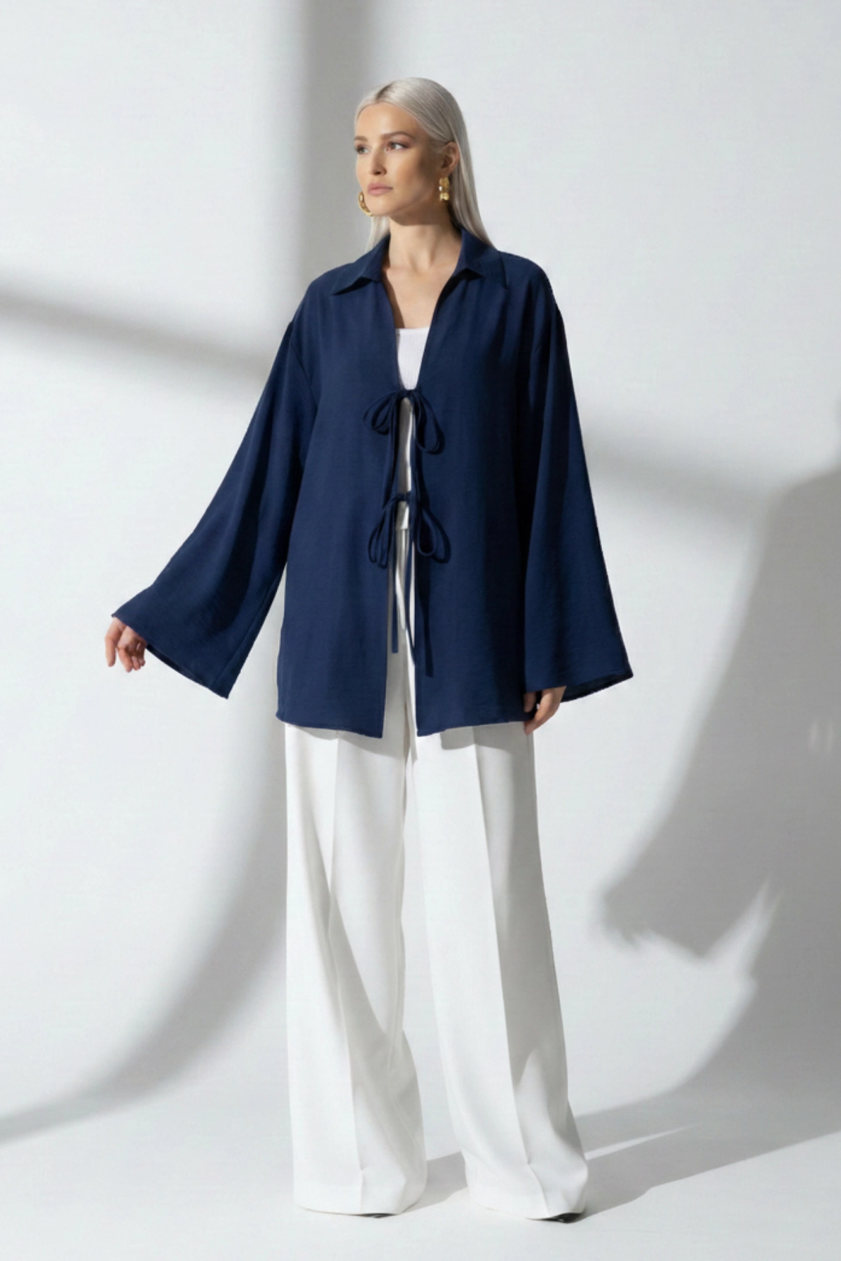 %100 Pamuk Keten Cepli Bağcıklı Kadın Kimono 1165 – Gömlek Yaka, Nefes Alan Kumaş