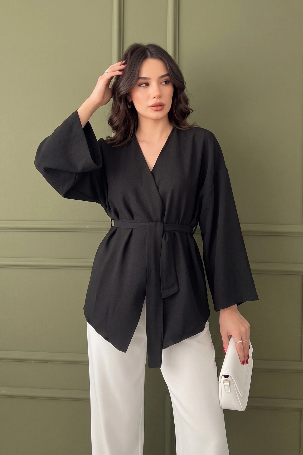 Koyu Siyah Kadın Kuşaklı Kimono 1177