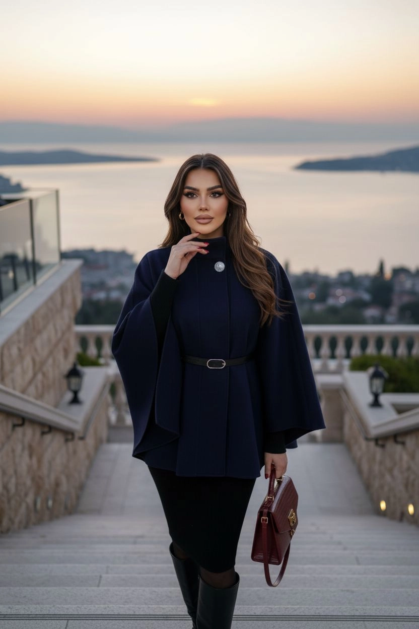 Silver Detaylı Kaşe Pelerin Panço 6100