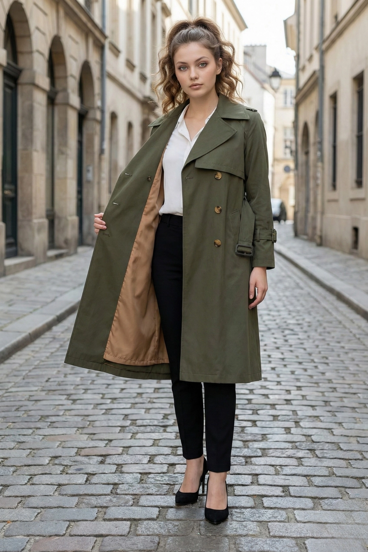  Pastelastore %100 Pamuk Gabardin Uzun (110cm) Astarlı Kemerli Kadın Trençkot 1111