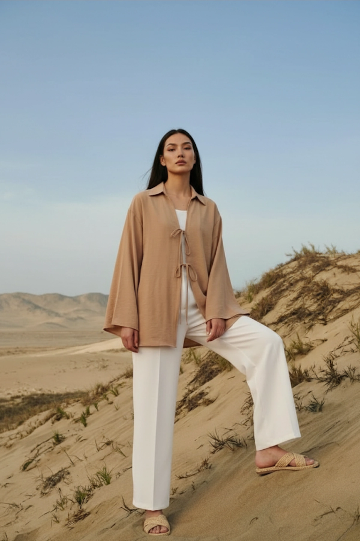 %100 Pamuk Keten Cepli Bağcıklı Kadın Kimono 1165 – Gömlek Yaka, Nefes Alan Kumaş