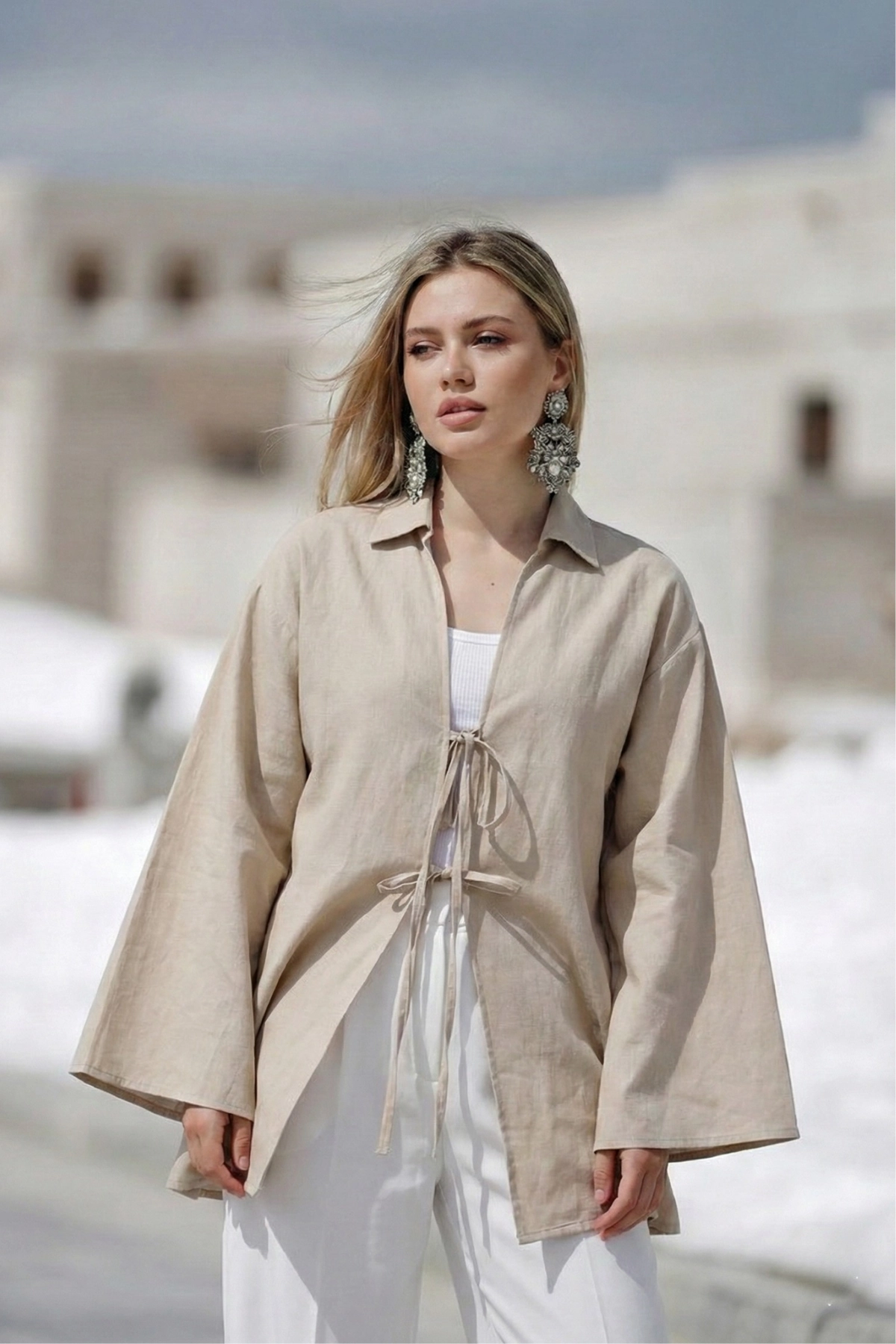 %100 Pamuk Keten Cepli Bağcıklı Kadın Kimono 1165 – Gömlek Yaka, Nefes Alan Kumaş