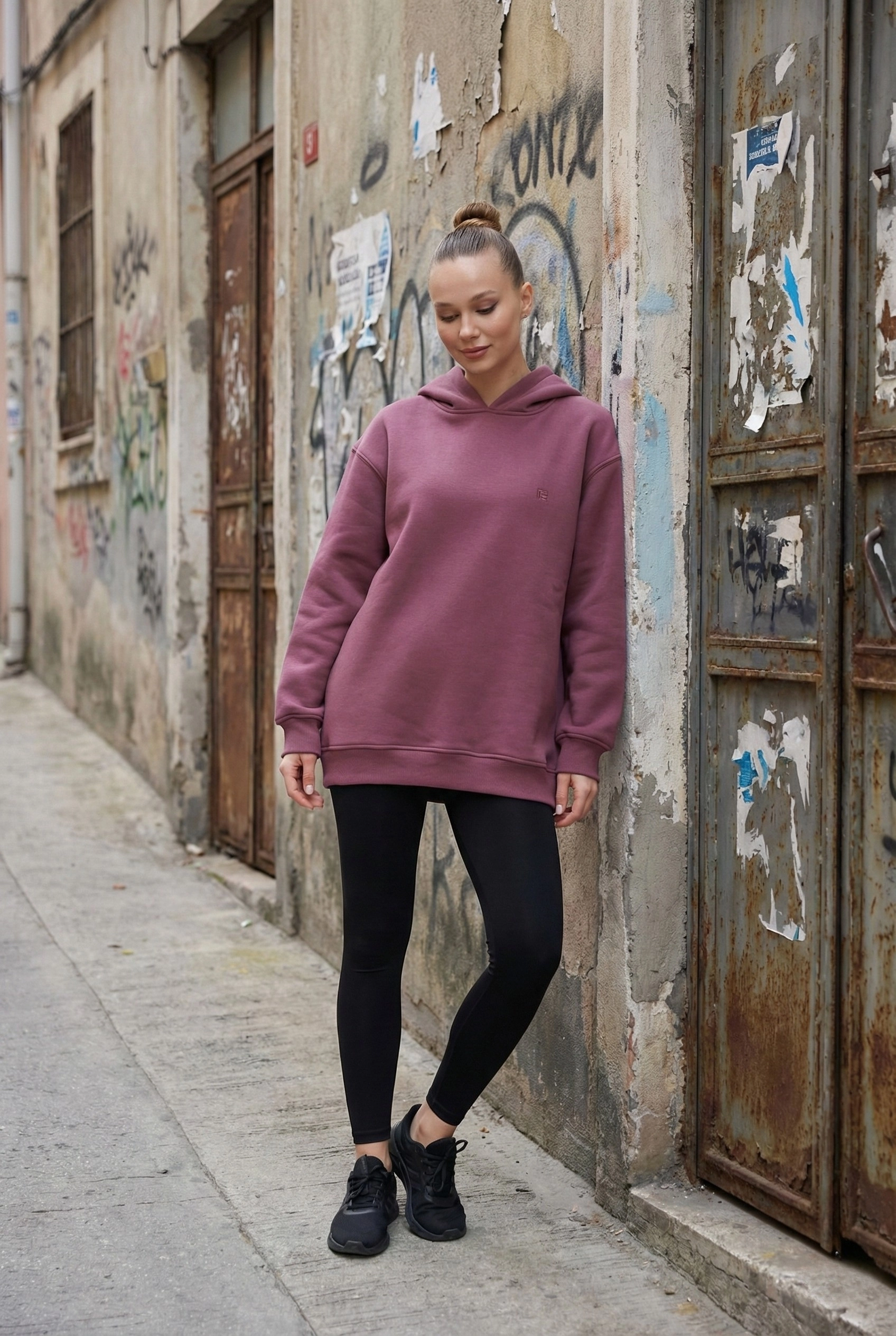 Pastelastore Pamuklu Kapüşonlu 3 İplik Şardonlu Kalın Oversize Sweatshirt