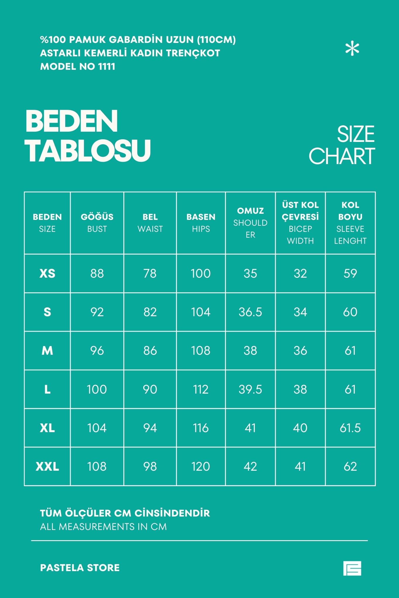 Pastelastore %100 Pamuk Gabardin Uzun (110cm) Astarlı Kemerli Kadın Trençkot 1111