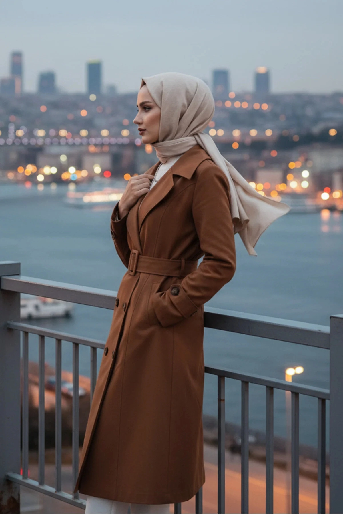 %100 Pamuk Ekstra Uzun (120cm) Tam Kalıp Kadın Tesettür Trençkot