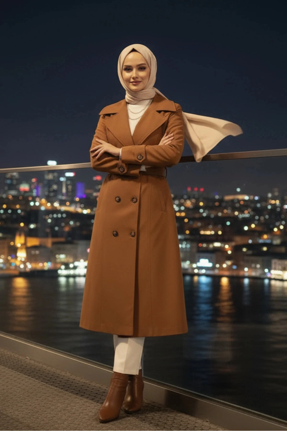 %100 Pamuk Ekstra Uzun (120cm) Tam Kalıp Kadın Tesettür Trençkot