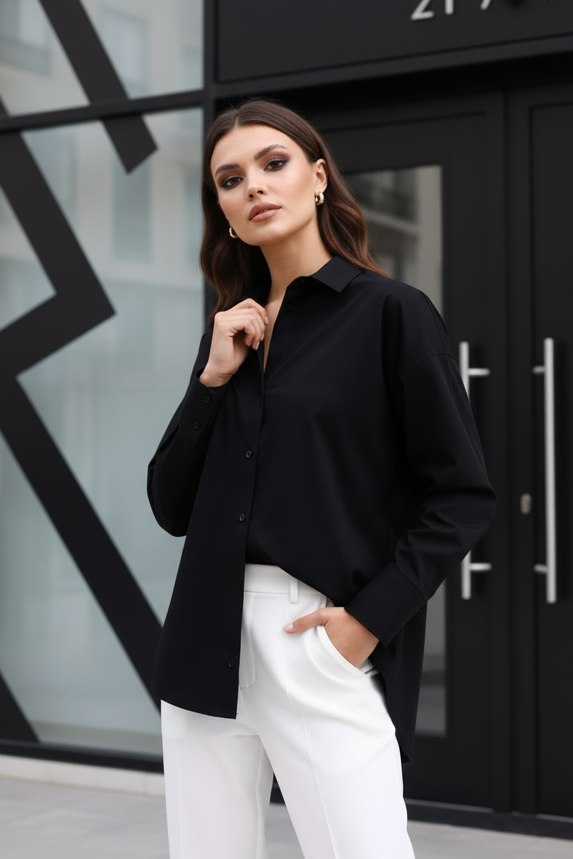 %96 Pamuk Esnek Poplin Kadın Gömlek 1163