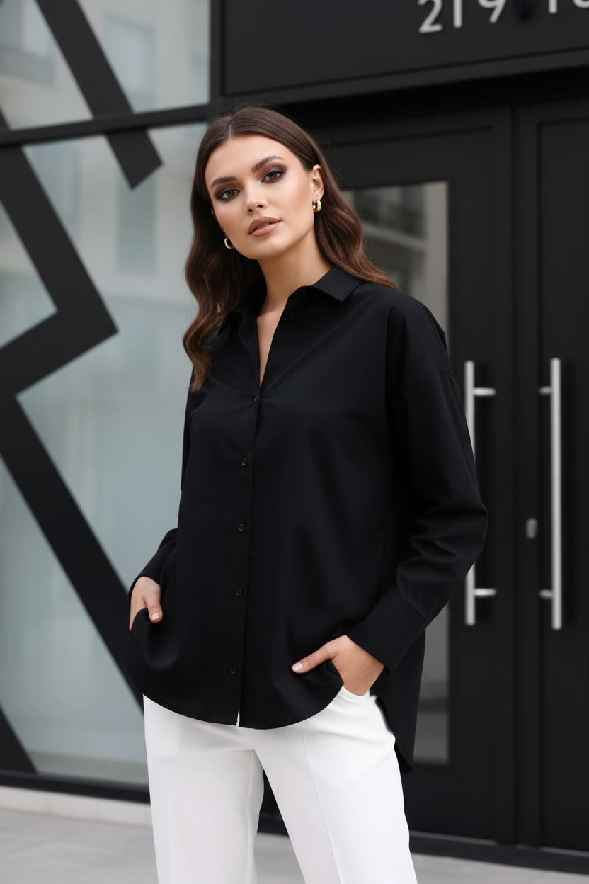 %96 Pamuk Esnek Poplin Kadın Gömlek 1163