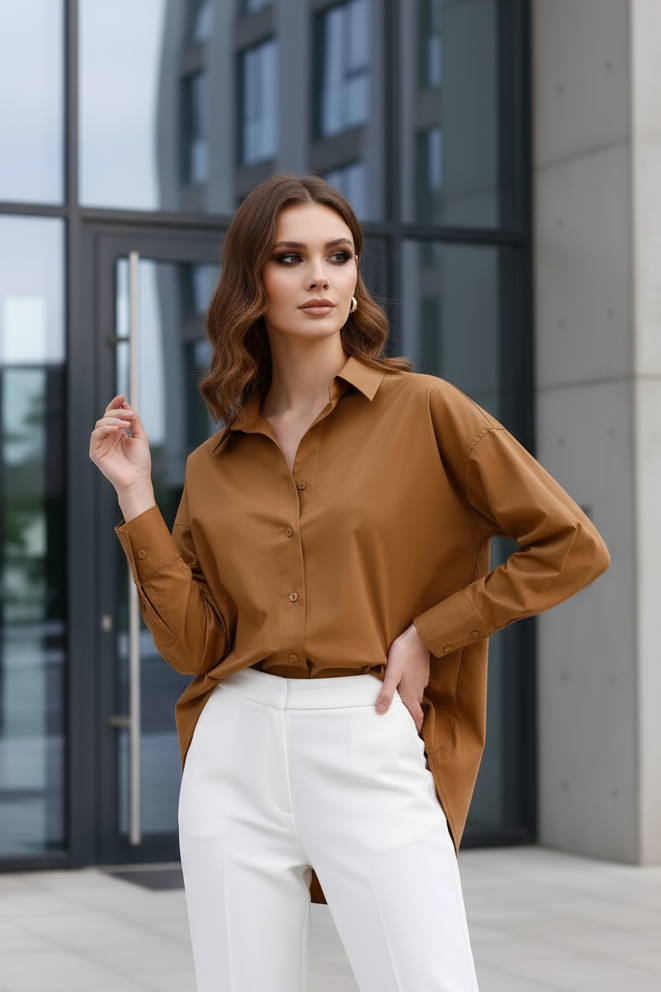 %96 Pamuk Esnek Poplin Kadın Gömlek 1163