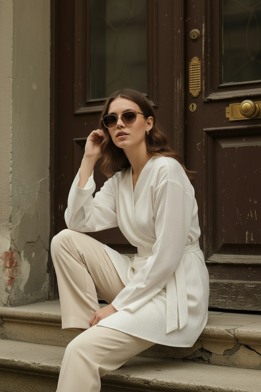 %100 Pamuk Keten Cepli Kemerli Yazlık Kadın Kimono 1166 - Nefes Alan Doğal Kumaş