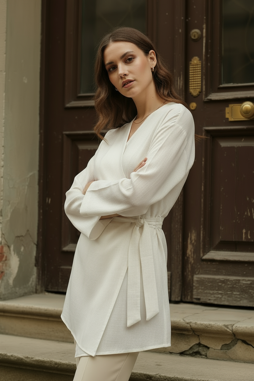 %100 Pamuk Keten Cepli Kemerli Yazlık Kadın Kimono 1166 - Nefes Alan Doğal Kumaş