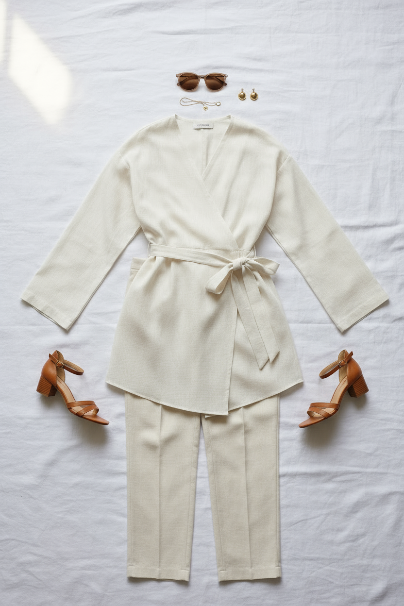 %100 Pamuk Keten Cepli Kemerli Yazlık Kadın Kimono 1166 - Nefes Alan Doğal Kumaş