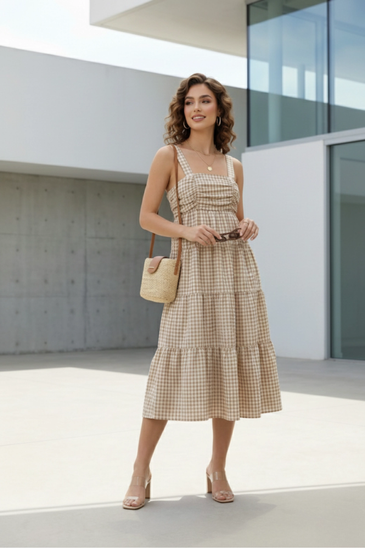 Askılı Pötikare Desenli Yazlık Midi Boy Kadın Elbise 1300