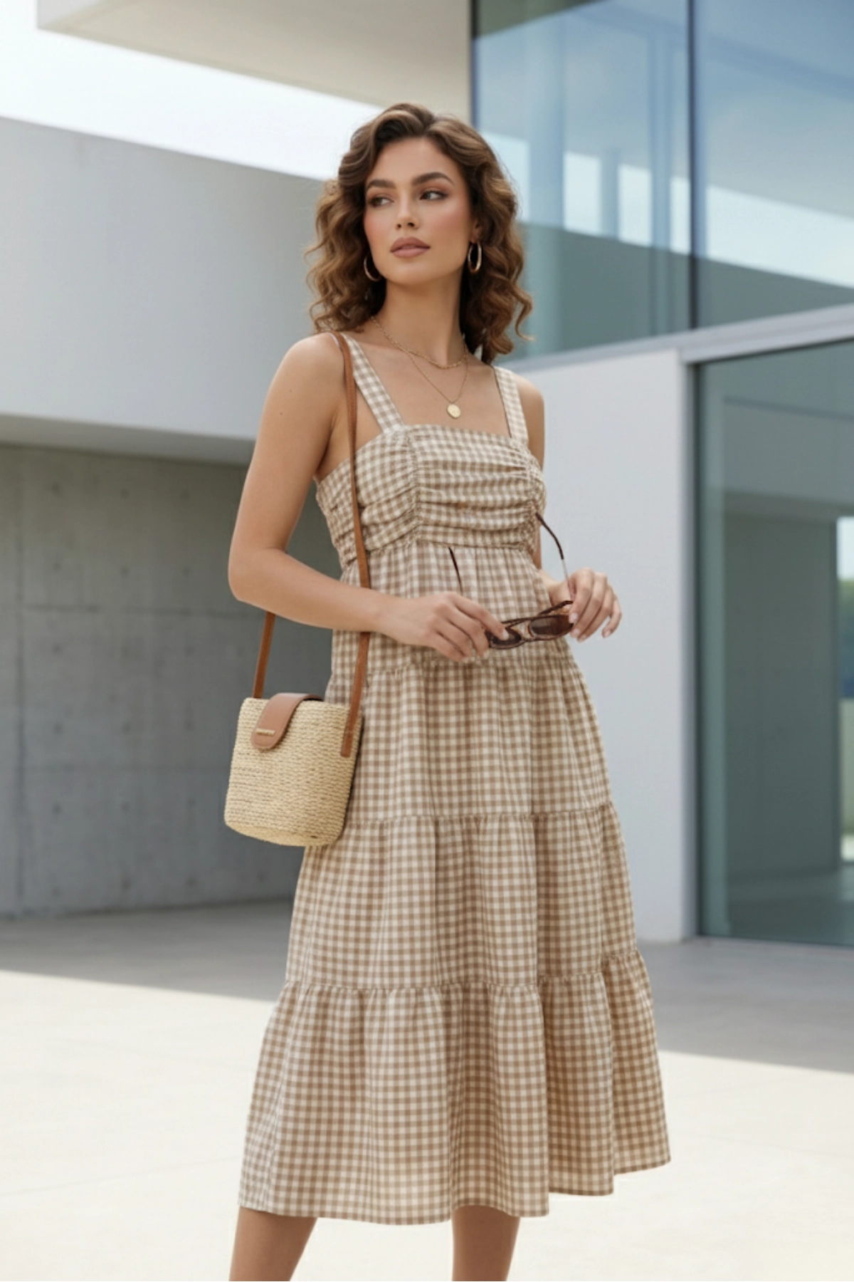 Askılı Pötikare Desenli Yazlık Midi Boy Kadın Elbise 1300