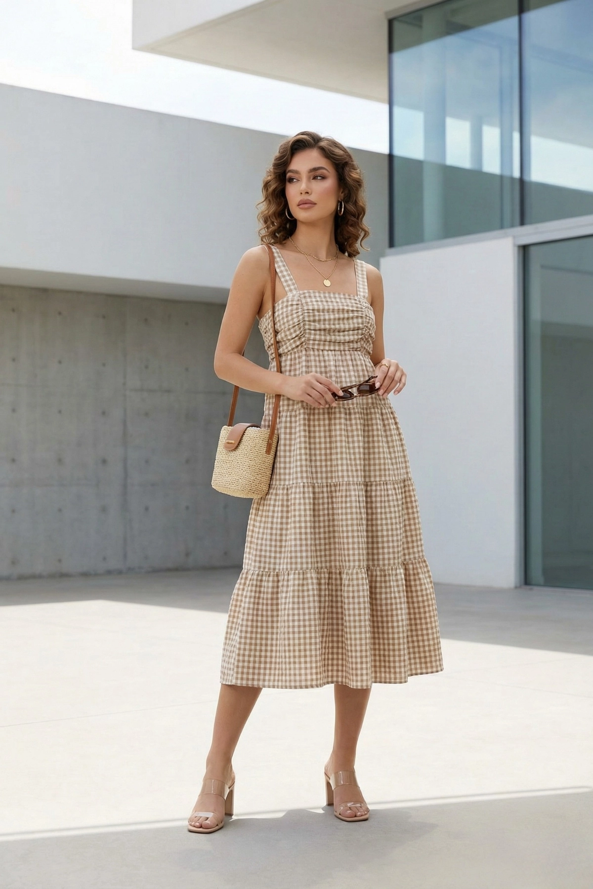 Askılı Pötikare Desenli Yazlık Midi Boy Kadın Elbise 1300