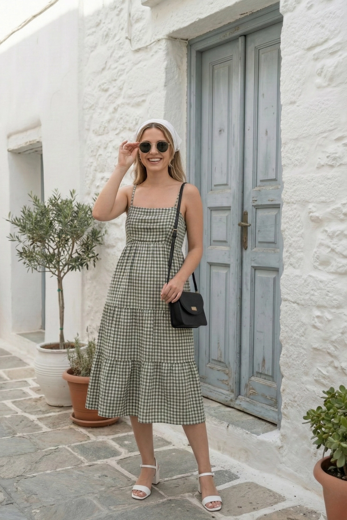 Askılı Pötikare Desenli Yazlık Midi Boy Kadın Elbise 1300