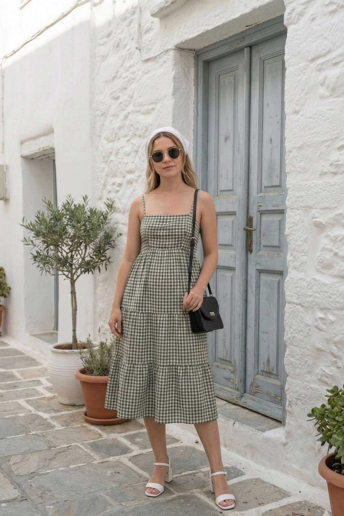 Askılı Pötikare Desenli Yazlık Midi Boy Kadın Elbise 1300