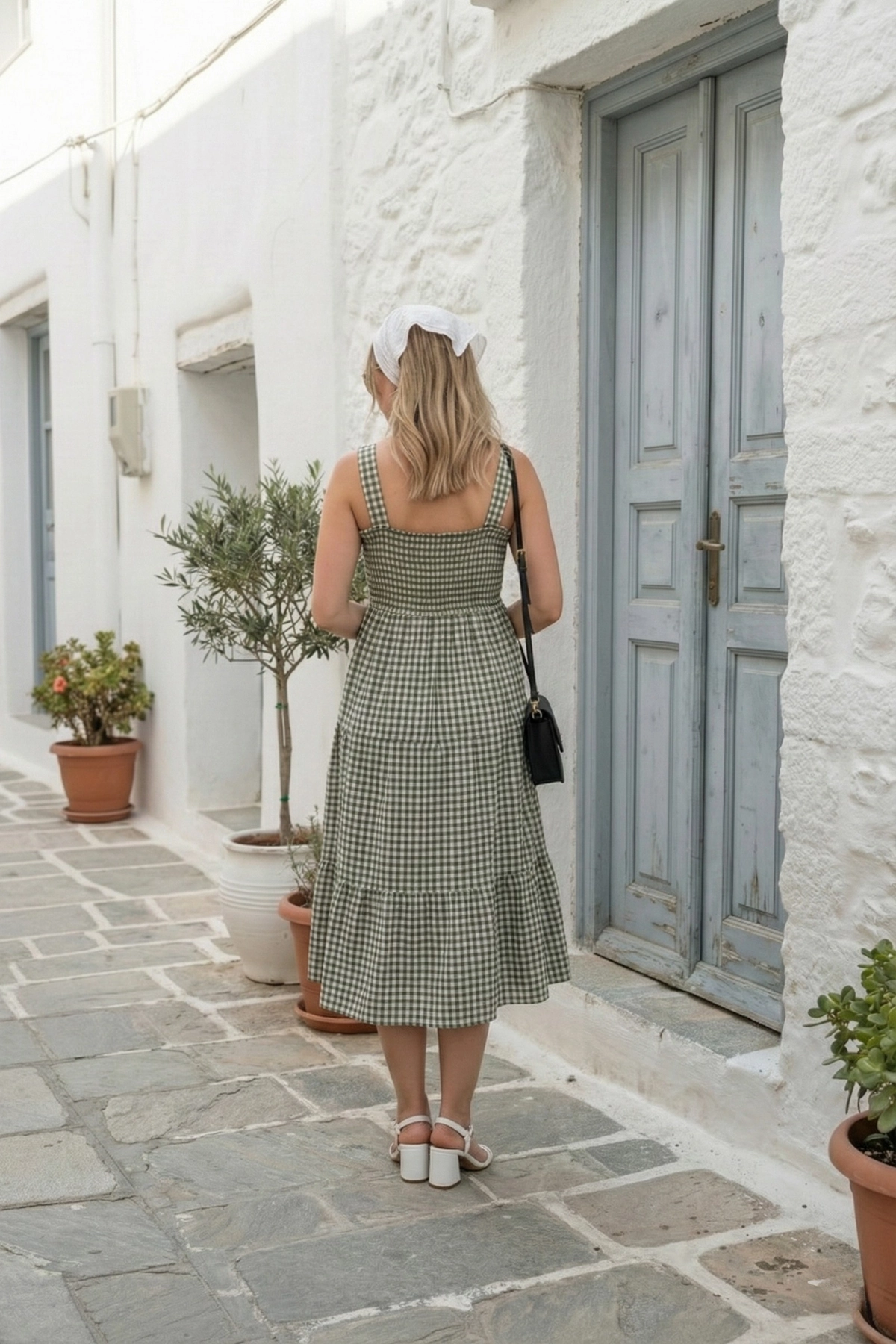 Askılı Pötikare Desenli Yazlık Midi Boy Kadın Elbise 1300