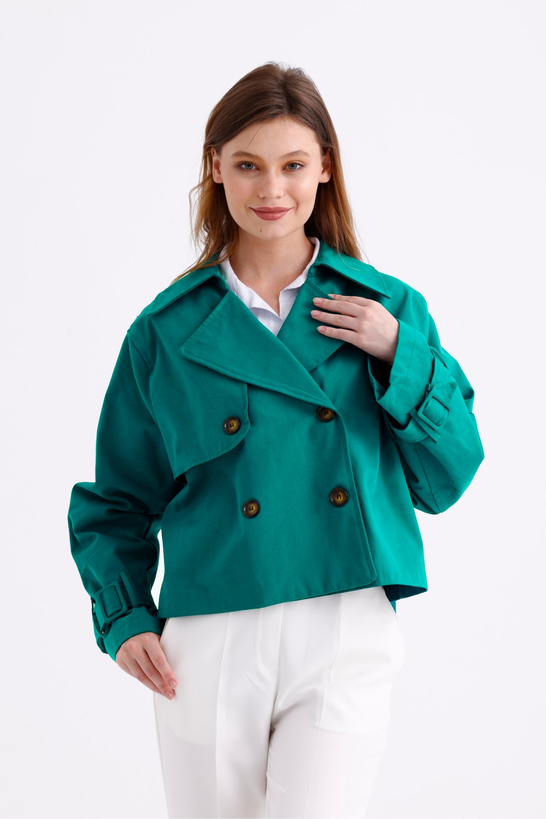 %100 Pamuk Gabardin Astarlı Oversize Geniş Kalıp Kadın Crop Kısa Trençkot 1122