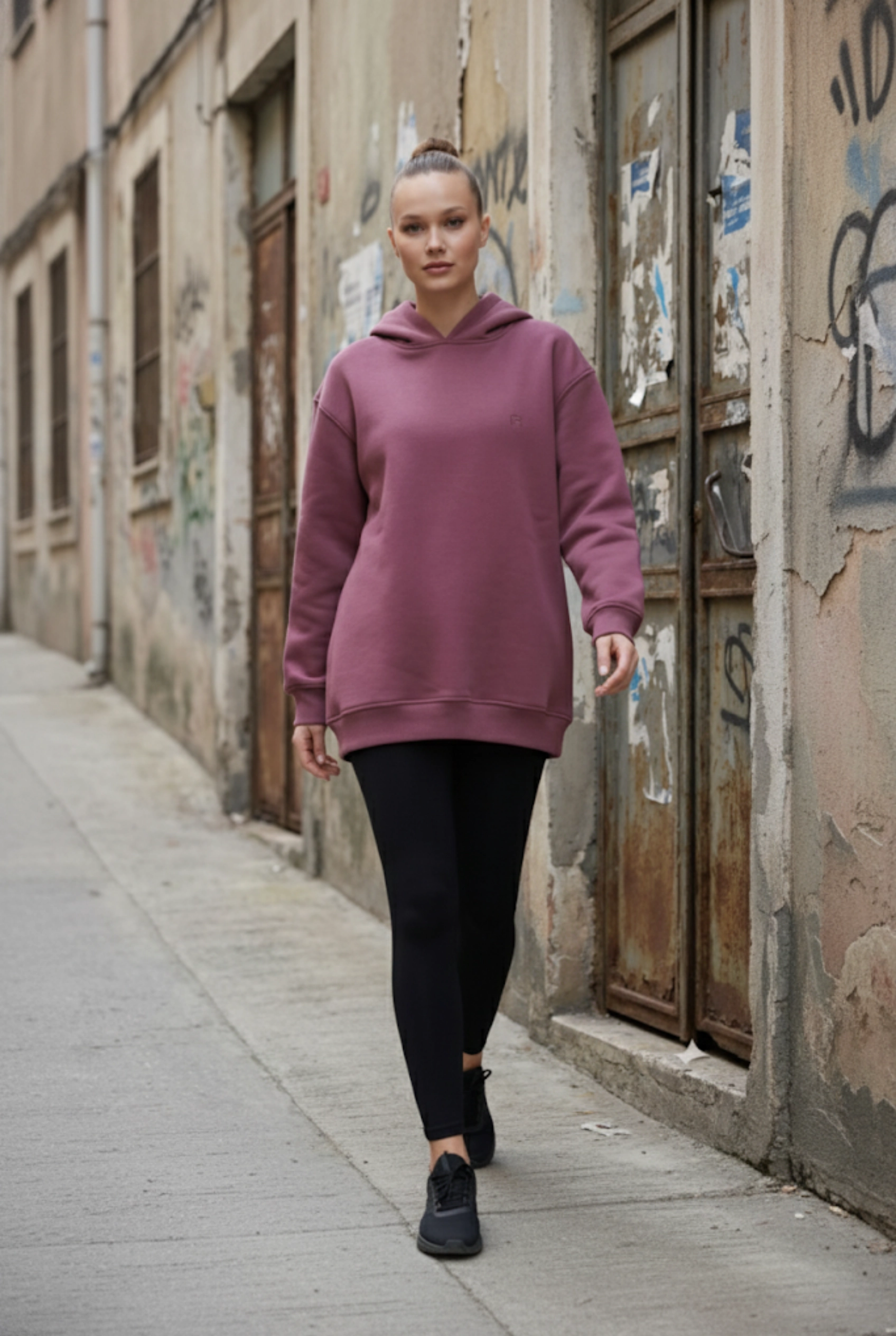 Pastelastore Pamuklu Kapüşonlu 3 İplik Şardonlu Kalın Oversize Sweatshirt