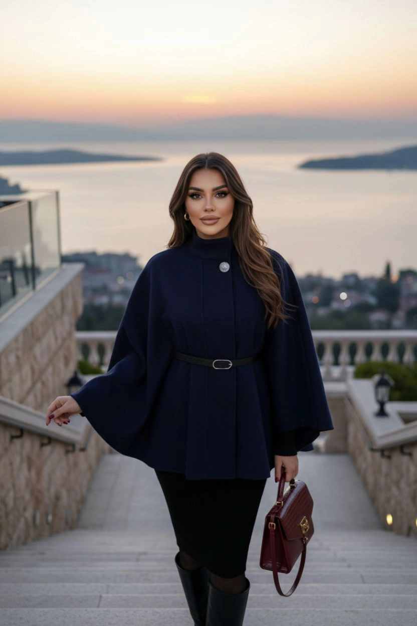 Silver Detaylı Kaşe Pelerin Panço 6100