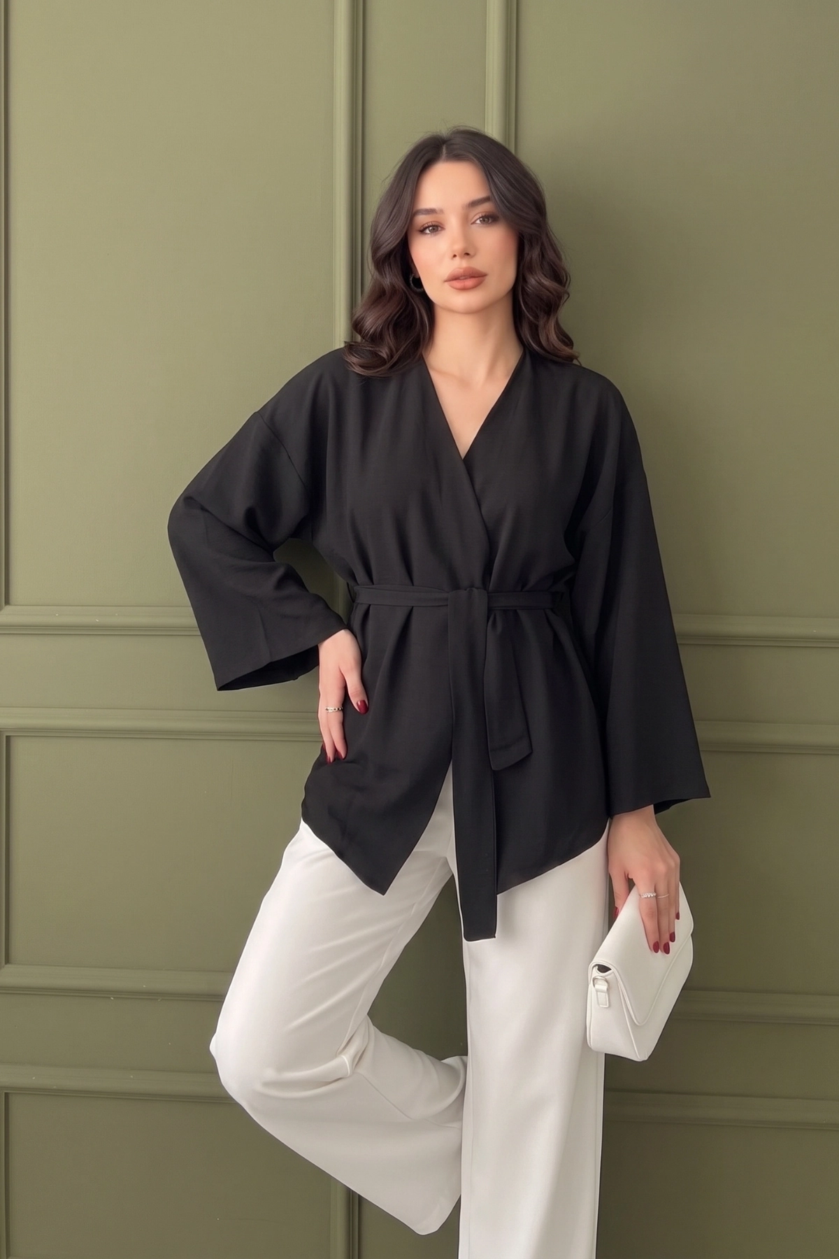 Koyu Siyah Kadın Kuşaklı Kimono 1177
