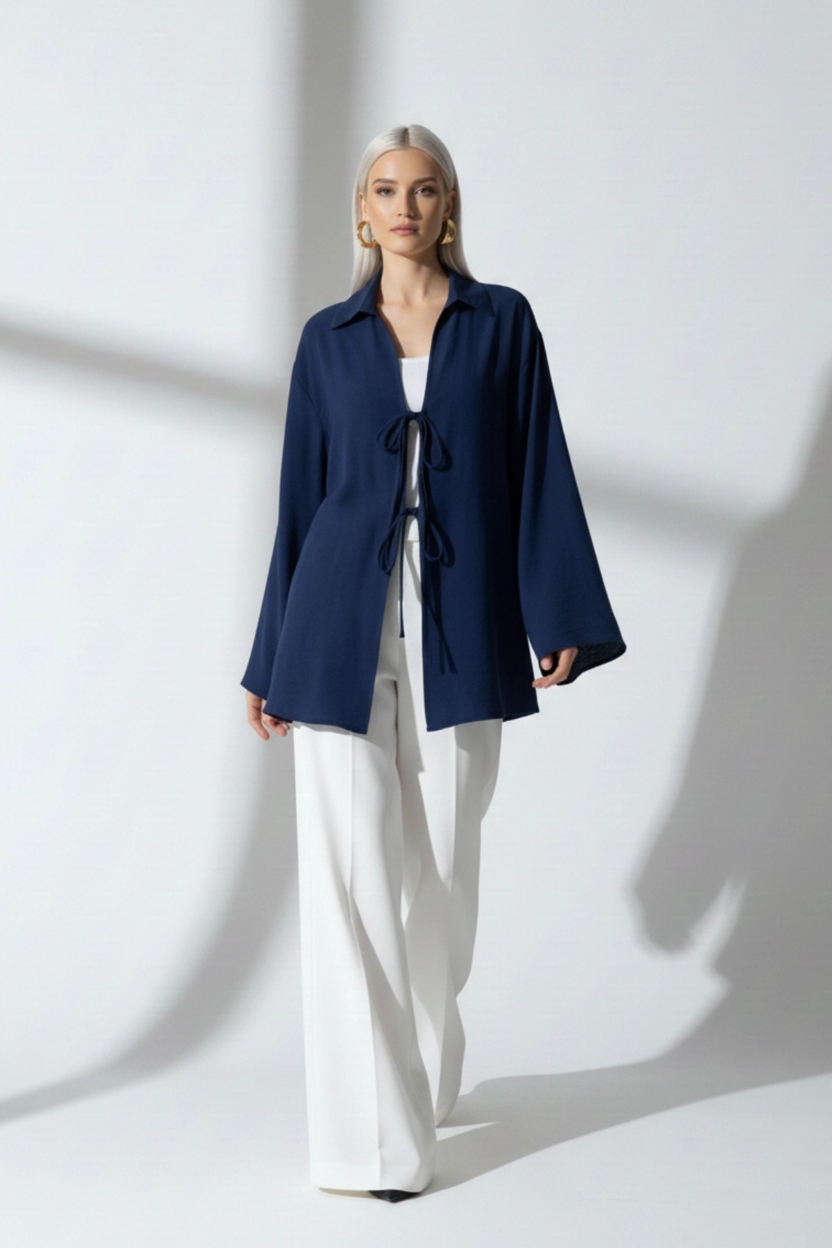 %100 Pamuk Keten Cepli Bağcıklı Kadın Kimono 1165 – Gömlek Yaka, Nefes Alan Kumaş