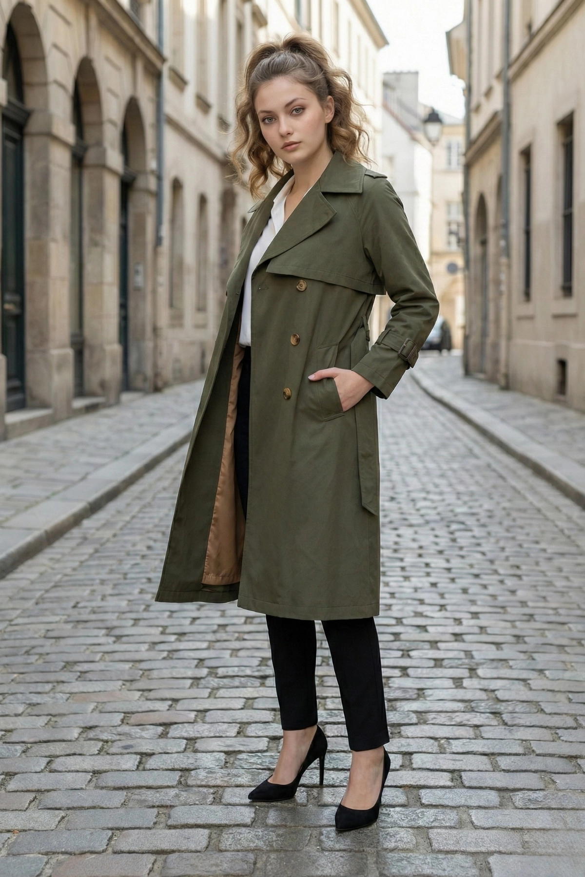  Pastelastore %100 Pamuk Gabardin Uzun (110cm) Astarlı Kemerli Kadın Trençkot 1111