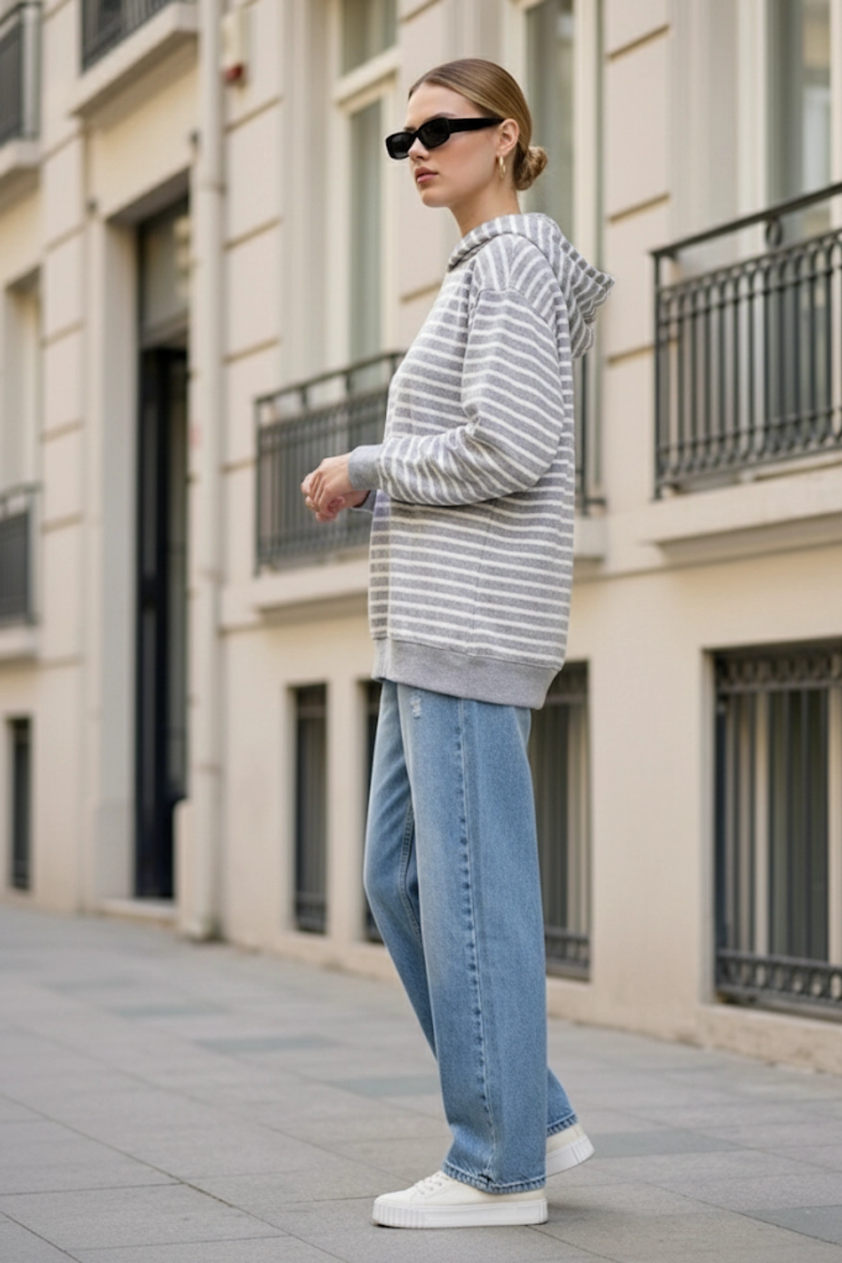 Pastelastore Çizgili Triko Oversize Sweatshirt