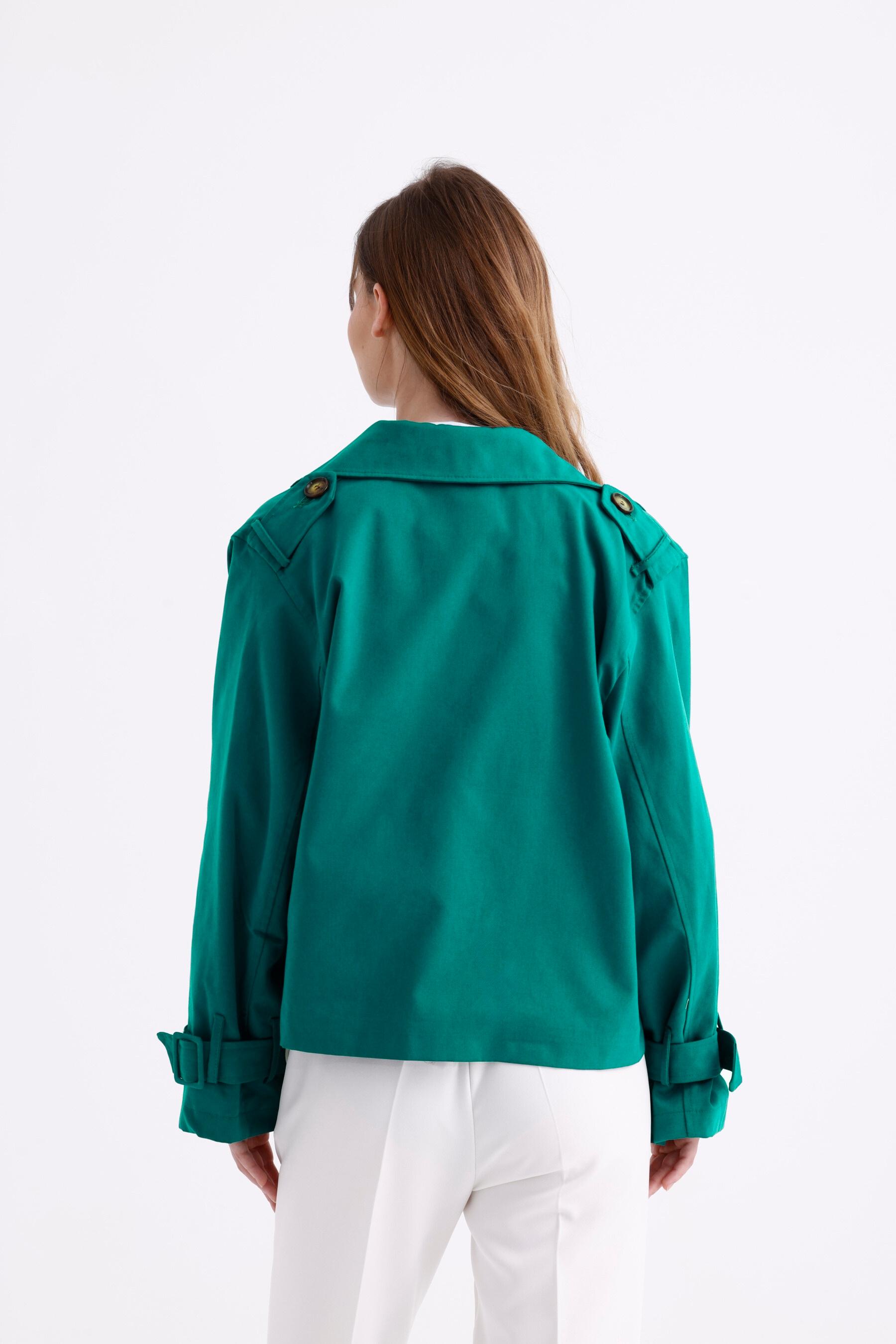 %100 Pamuk Gabardin Astarlı Oversize Geniş Kalıp Kadın Crop Kısa Trençkot 1122