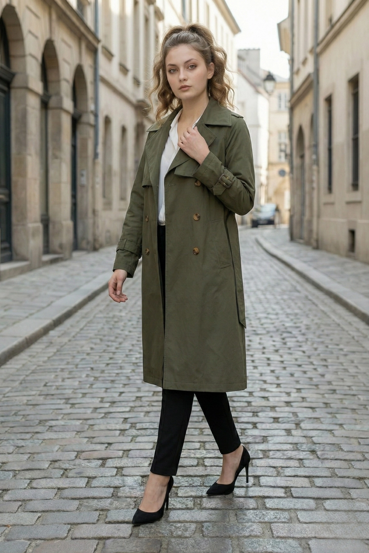  Pastelastore %100 Pamuk Gabardin Uzun (110cm) Astarlı Kemerli Kadın Trençkot 1111
