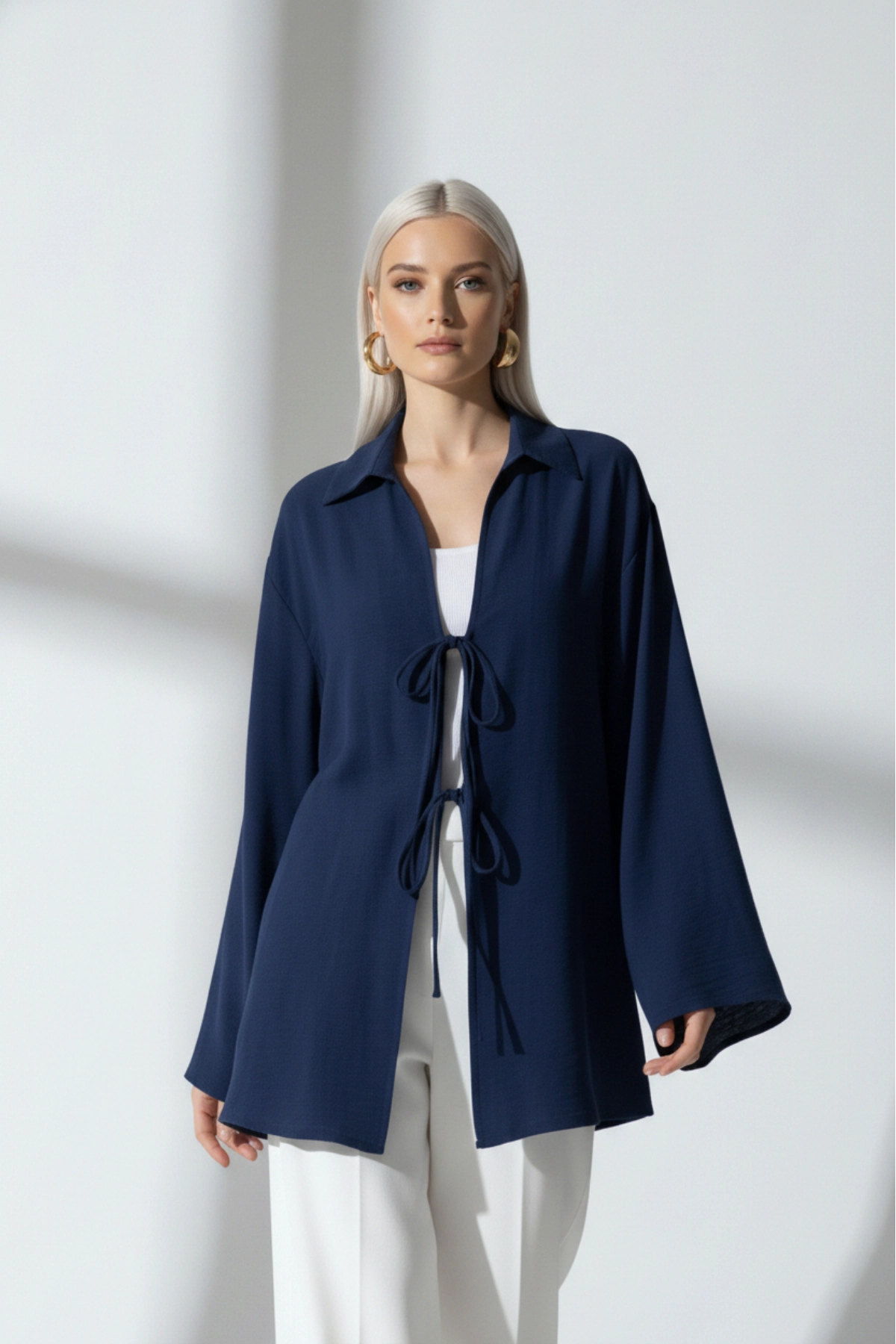 %100 Pamuk Keten Cepli Bağcıklı Kadın Kimono 1165 – Gömlek Yaka, Nefes Alan Kumaş