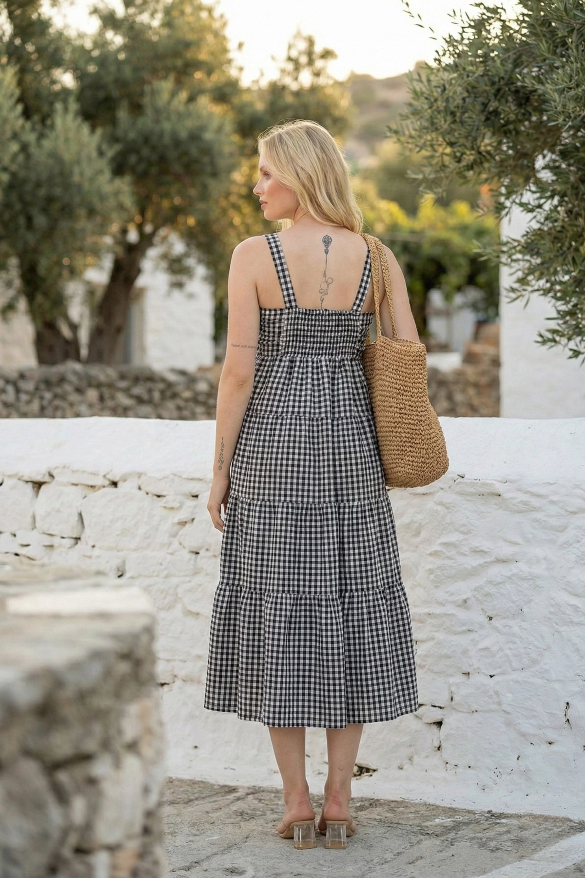 Askılı Pötikare Desenli Yazlık Midi Boy Kadın Elbise 1300