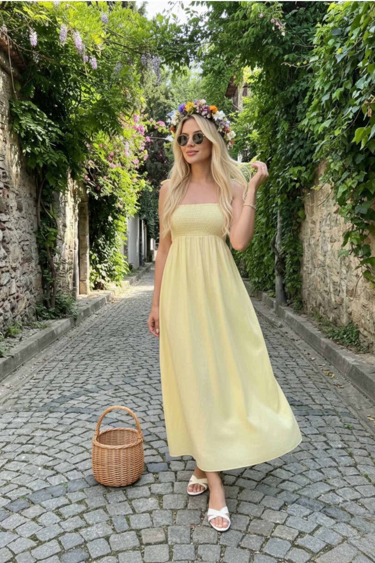 Sarı Uzun Pamuklu Astarsız Yaz Elbisesi – Askılı