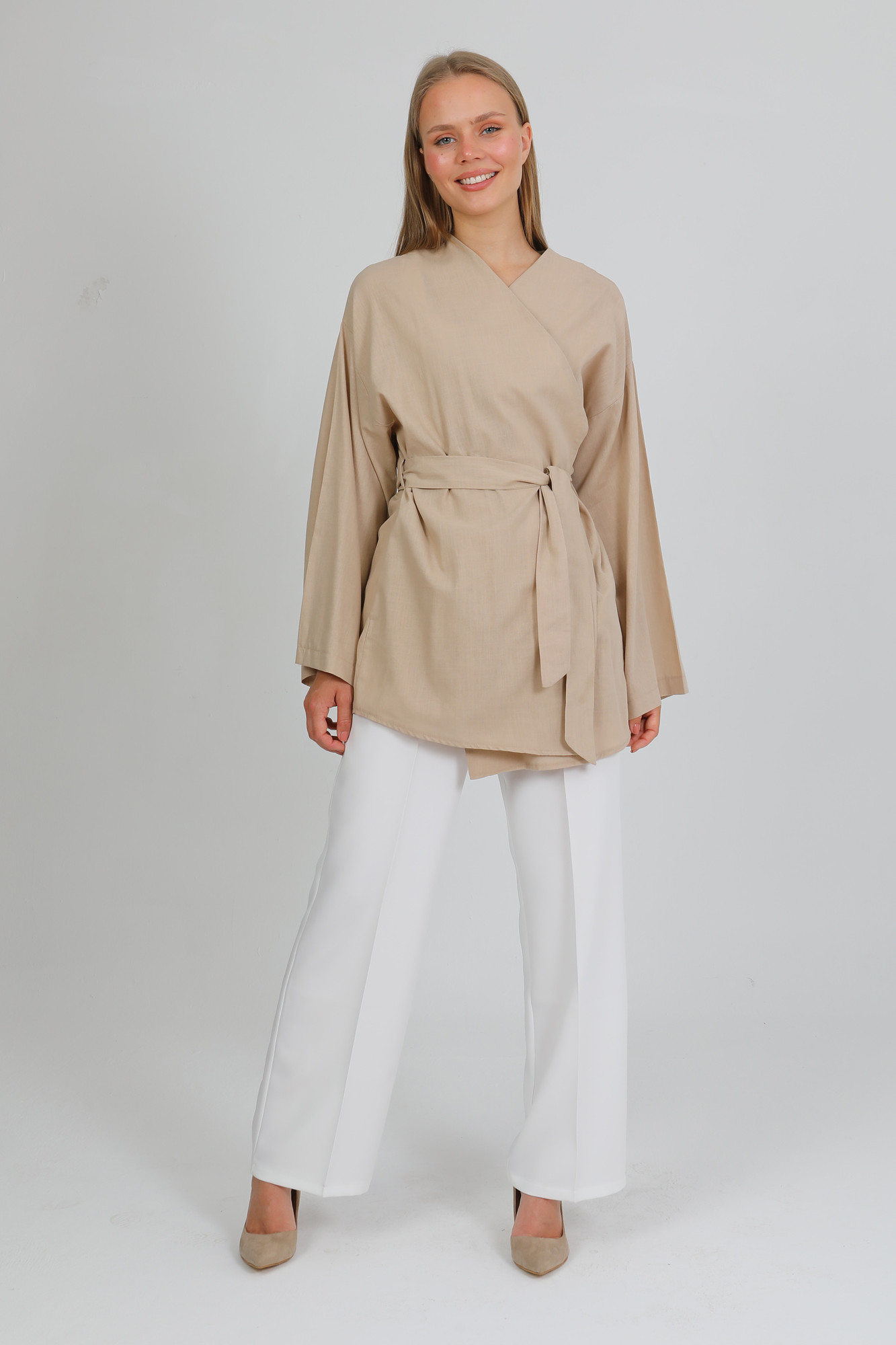 %100 Pamuk Keten Cepli Kemerli Yazlık Kadın Kimono 1166 - Nefes Alan Doğal Kumaş