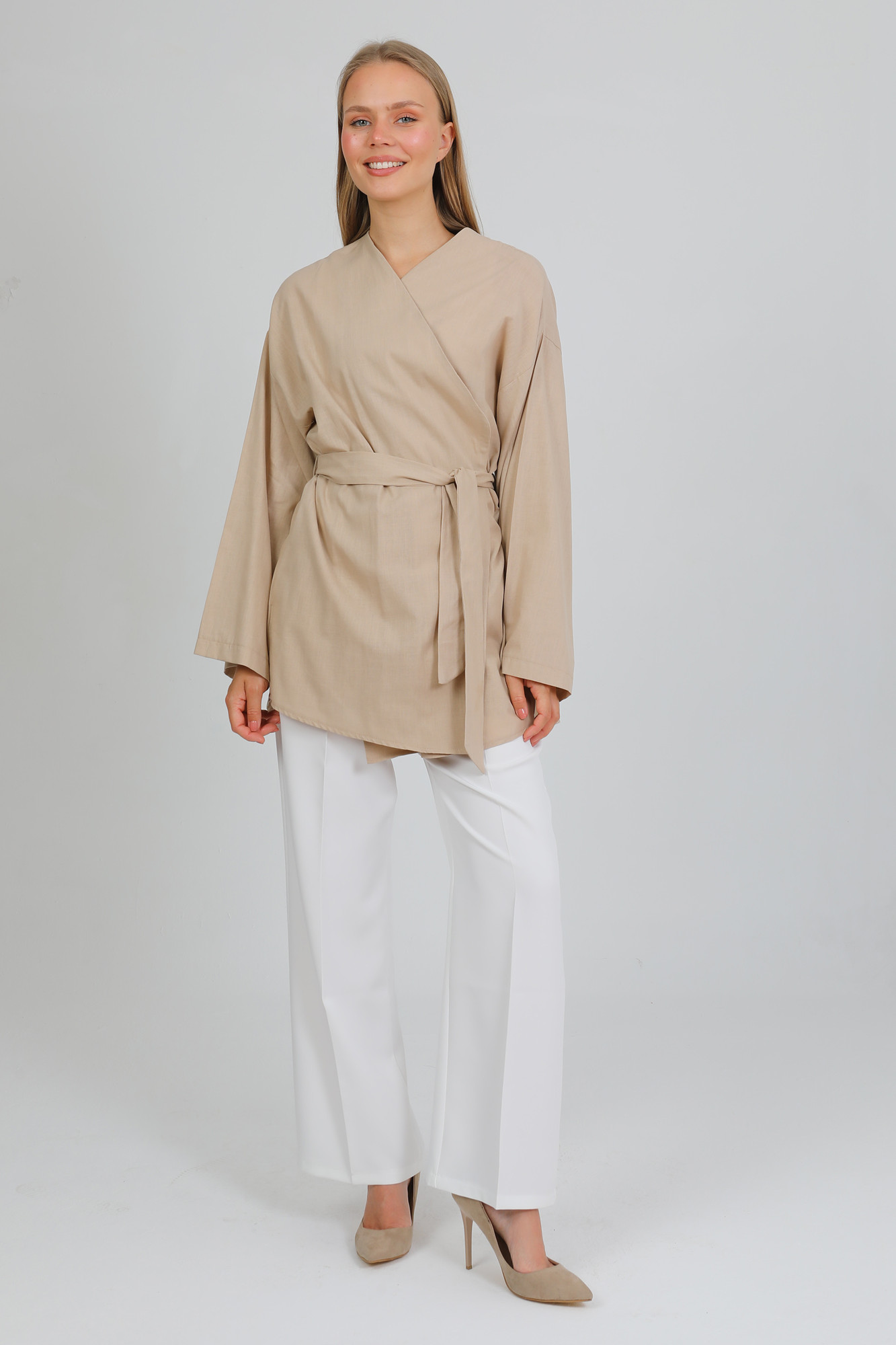 %100 Pamuk Keten Cepli Kemerli Yazlık Kadın Kimono 1166 - Nefes Alan Doğal Kumaş