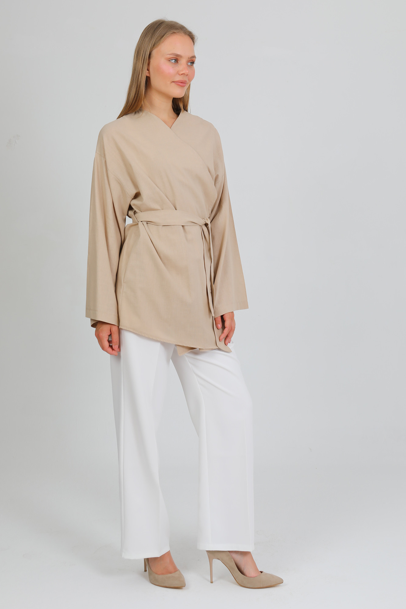 %100 Pamuk Keten Cepli Kemerli Yazlık Kadın Kimono 1166 - Nefes Alan Doğal Kumaş