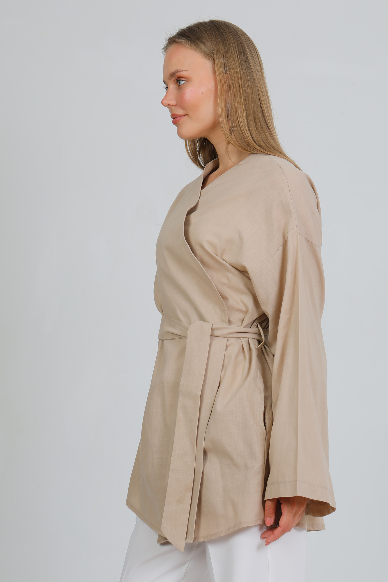 %100 Pamuk Keten Cepli Kemerli Yazlık Kadın Kimono 1166 - Nefes Alan Doğal Kumaş