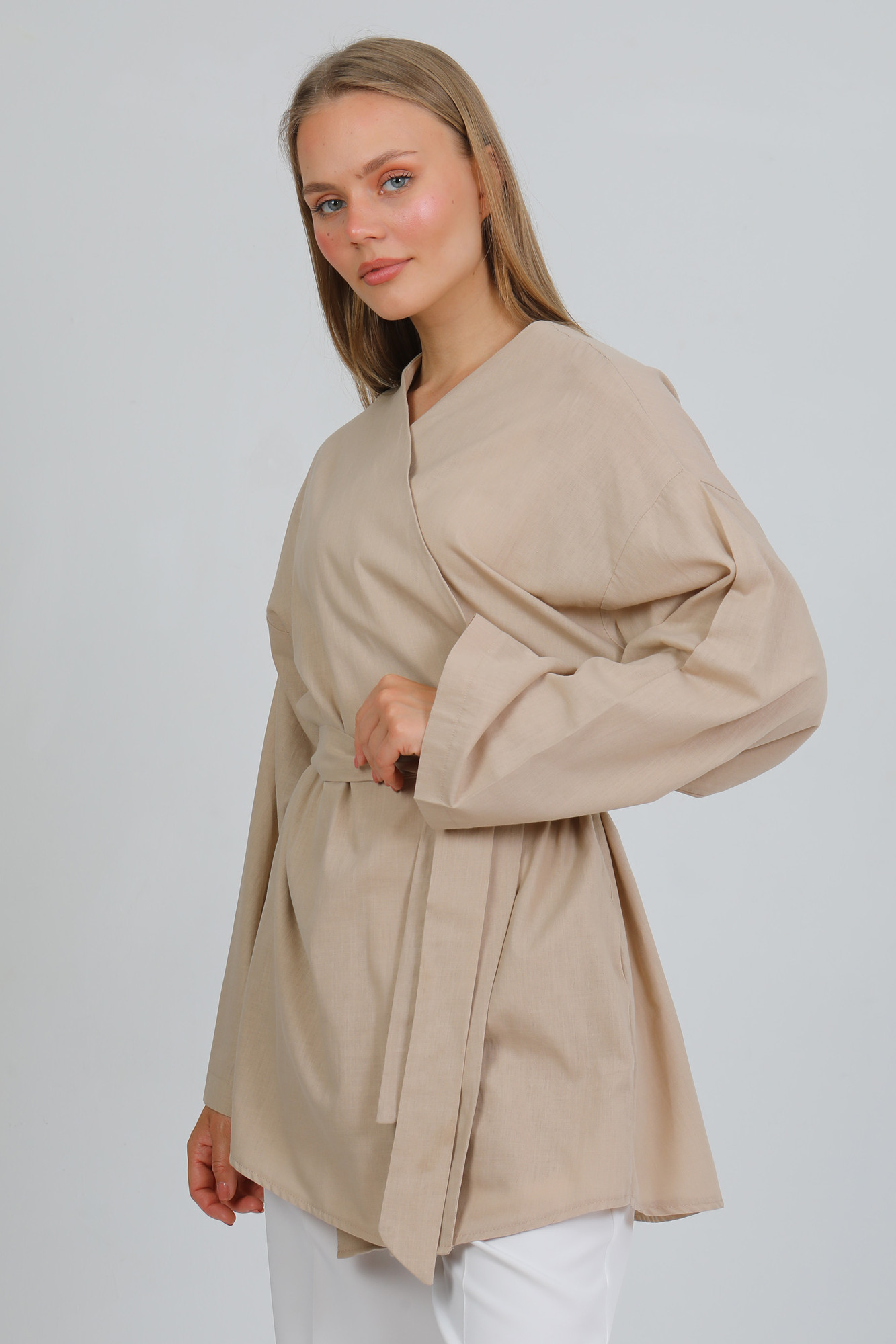 %100 Pamuk Keten Cepli Kemerli Yazlık Kadın Kimono 1166 - Nefes Alan Doğal Kumaş