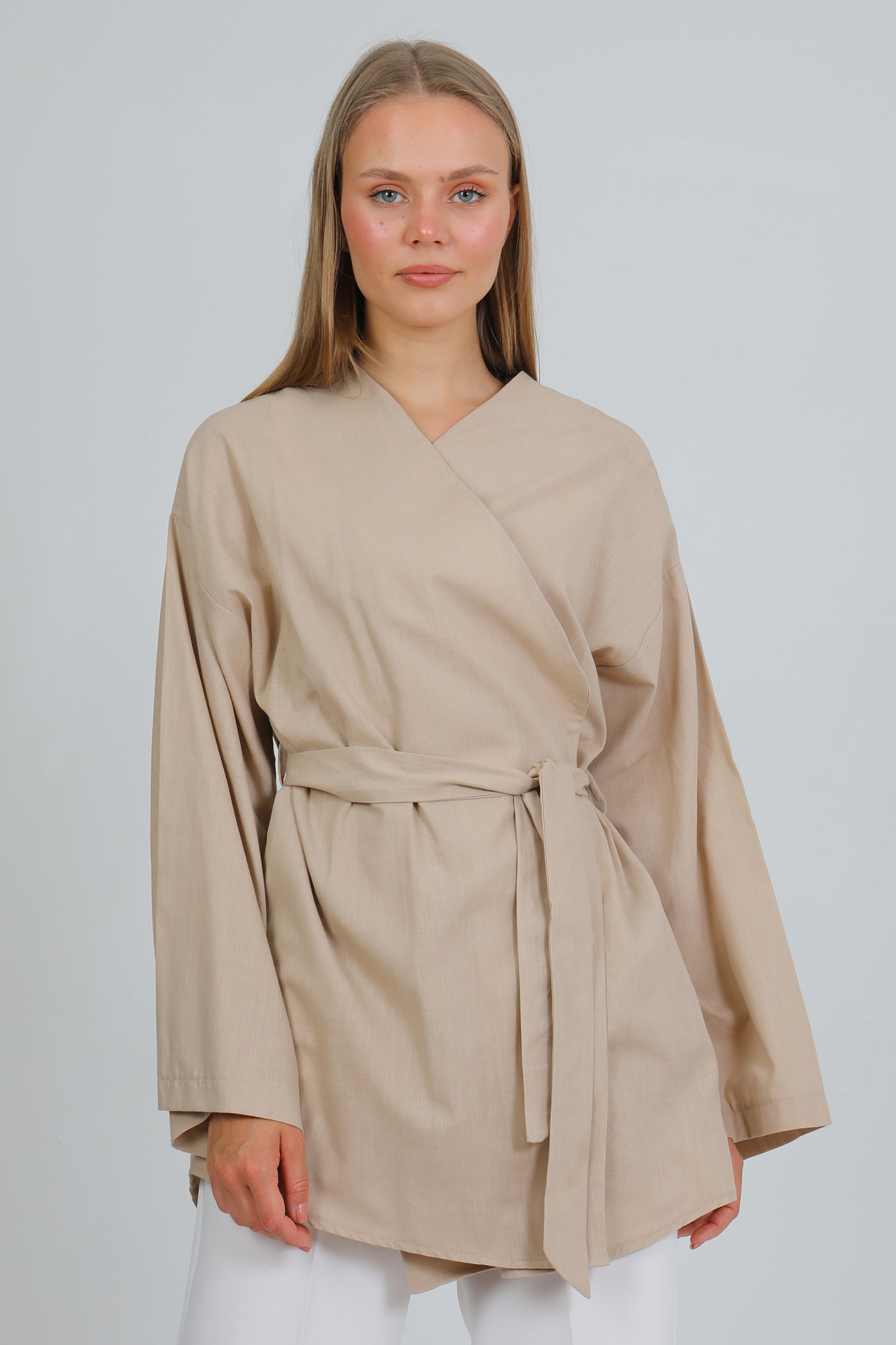 %100 Pamuk Keten Cepli Kemerli Yazlık Kadın Kimono 1166 - Nefes Alan Doğal Kumaş