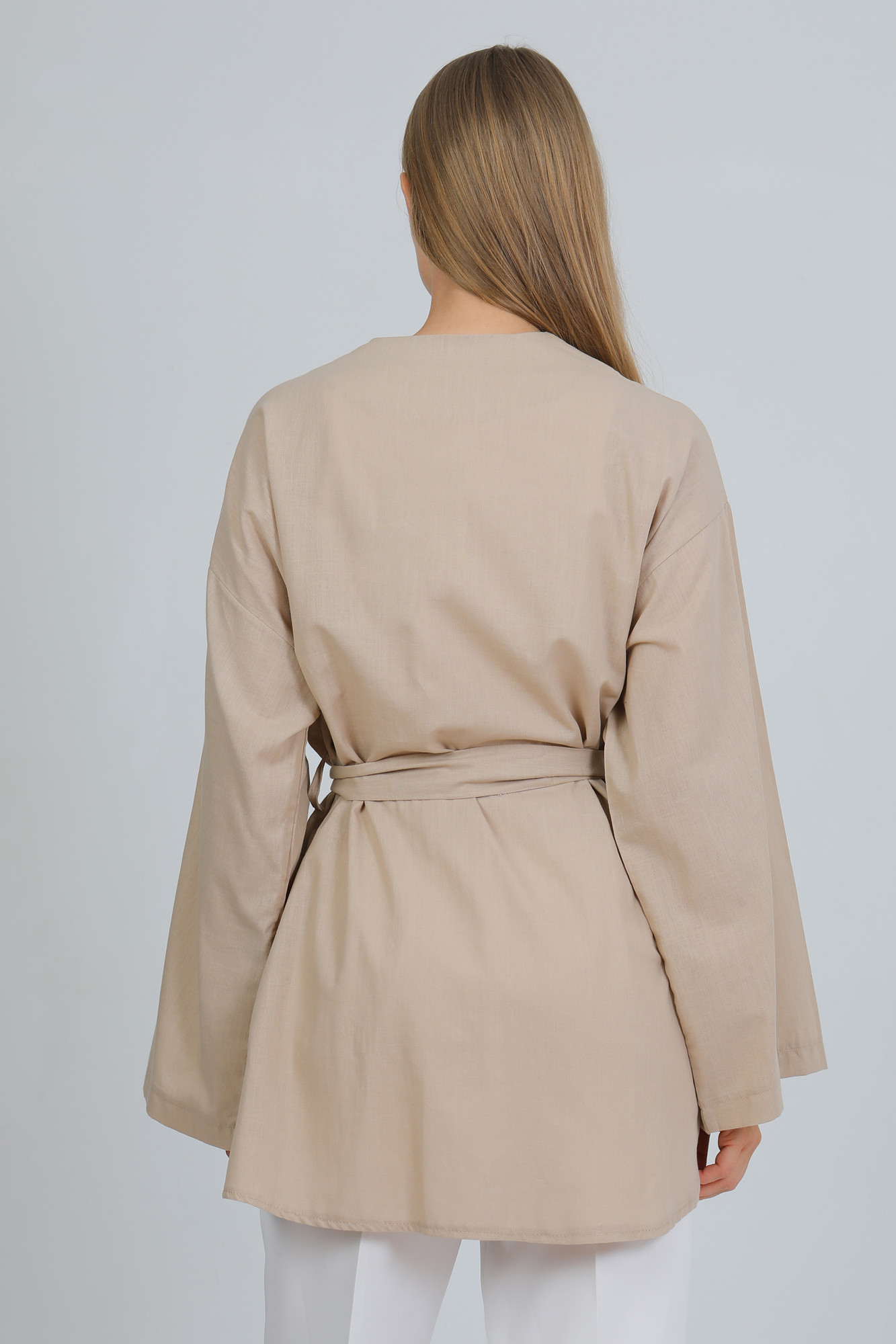 %100 Pamuk Keten Cepli Kemerli Yazlık Kadın Kimono 1166 - Nefes Alan Doğal Kumaş