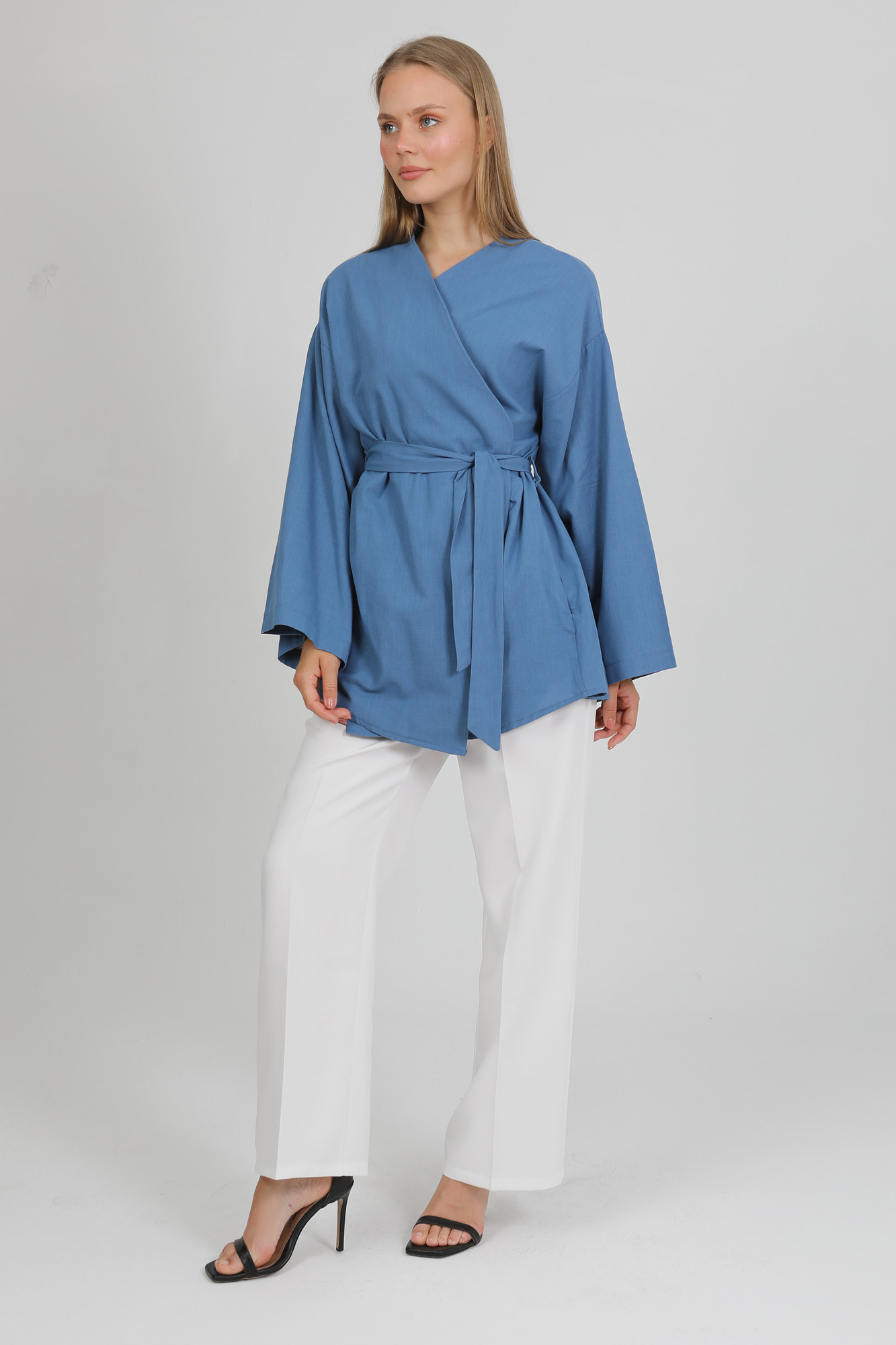 %100 Pamuk Keten Cepli Kemerli Yazlık Kadın Kimono 1166 - Nefes Alan Doğal Kumaş