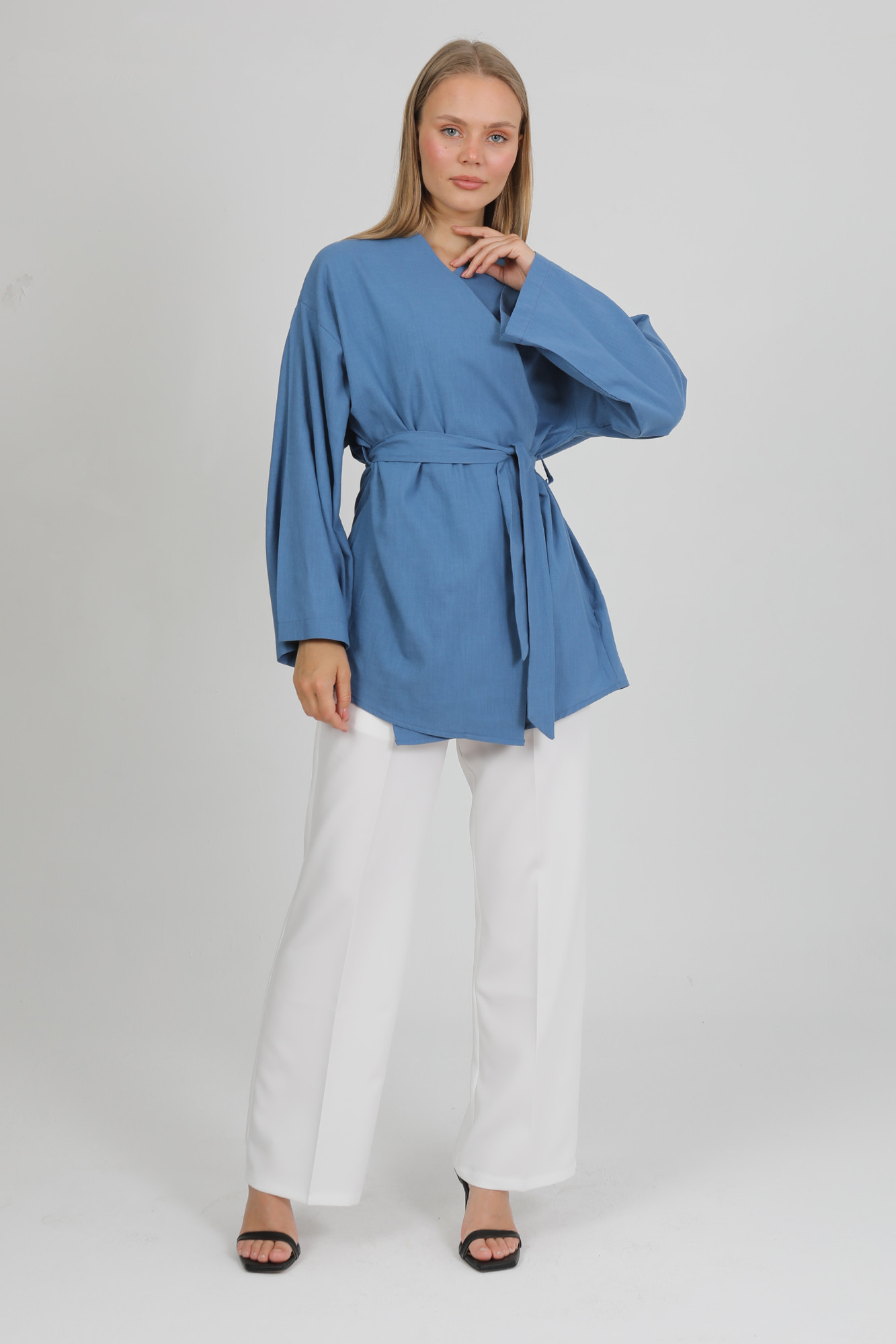 %100 Pamuk Keten Cepli Kemerli Yazlık Kadın Kimono 1166 - Nefes Alan Doğal Kumaş