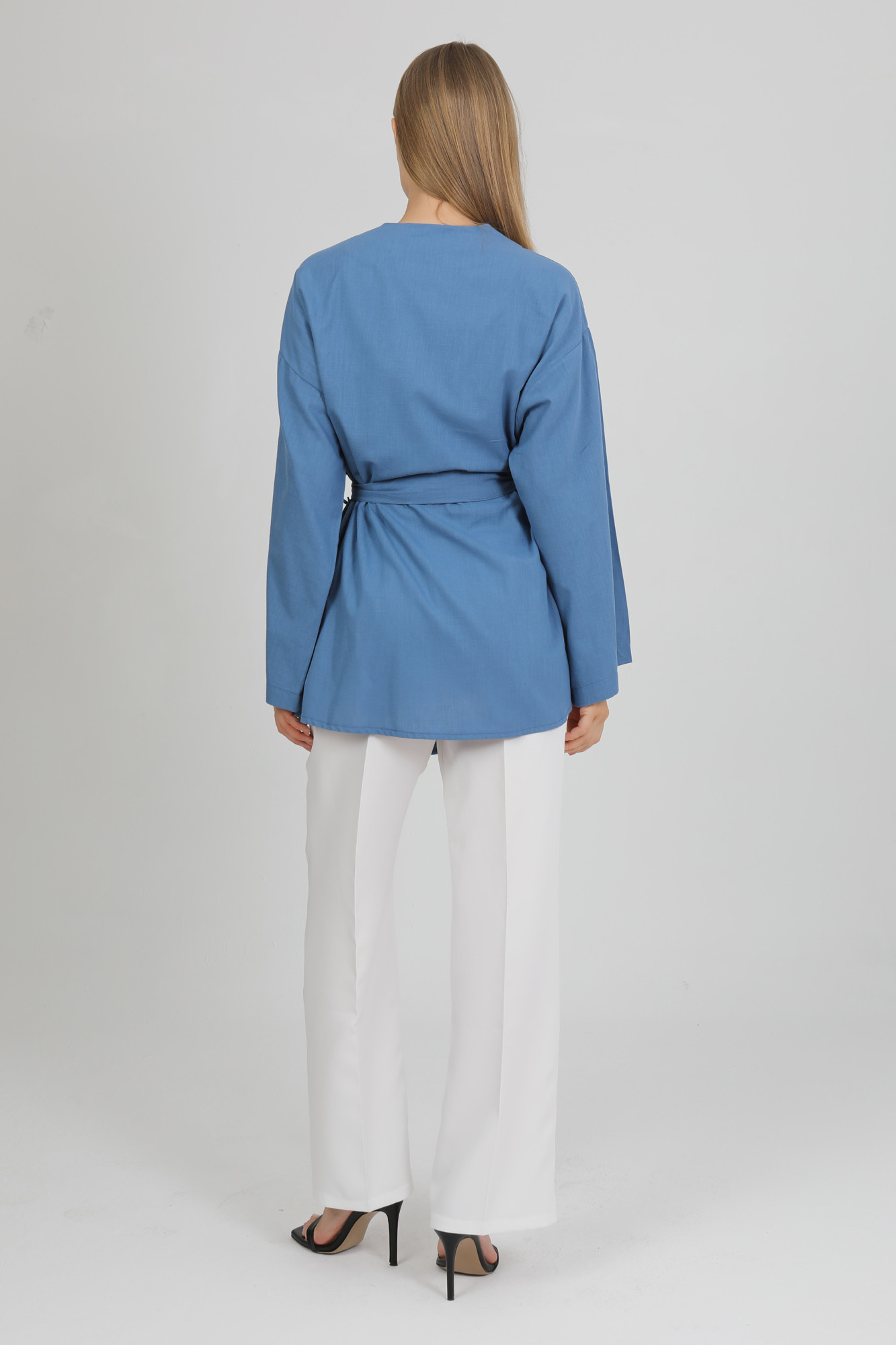 %100 Pamuk Keten Cepli Kemerli Yazlık Kadın Kimono 1166 - Nefes Alan Doğal Kumaş